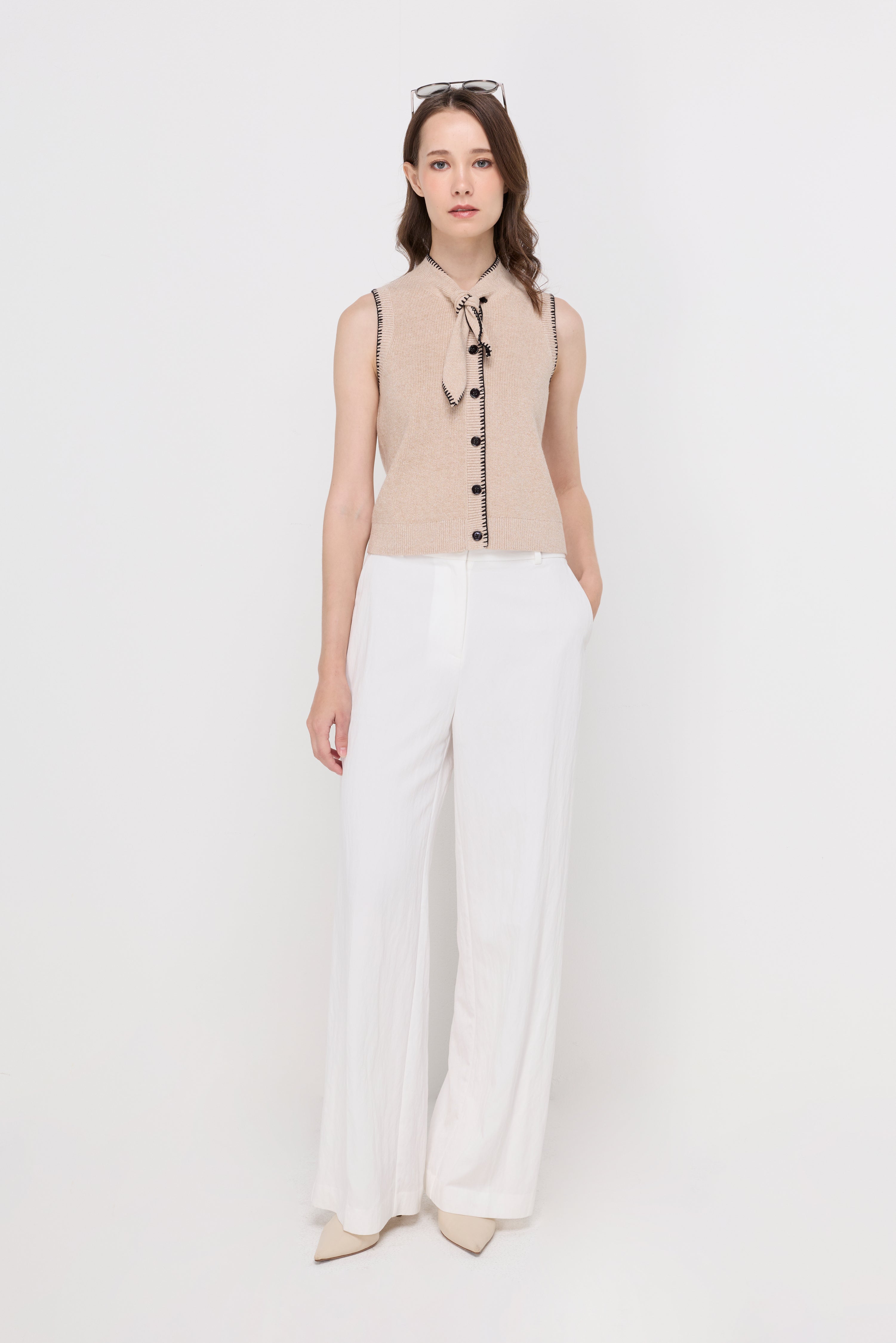 Contrast Trim Tie-Neck Knit Vest Top Dyed Beige