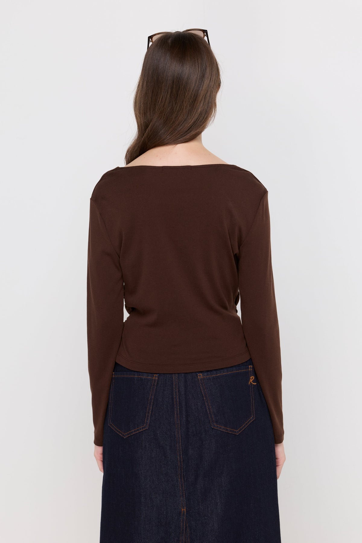 Elegant Ruched Knit Blouse Dark Brown