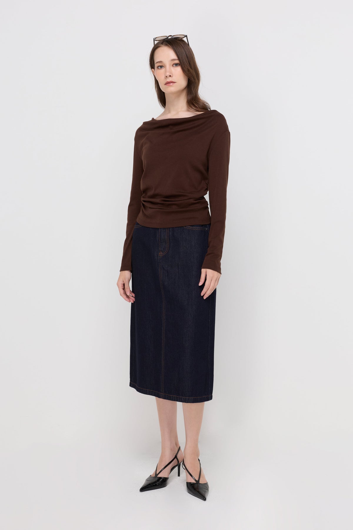 Elegant Ruched Knit Blouse Dark Brown