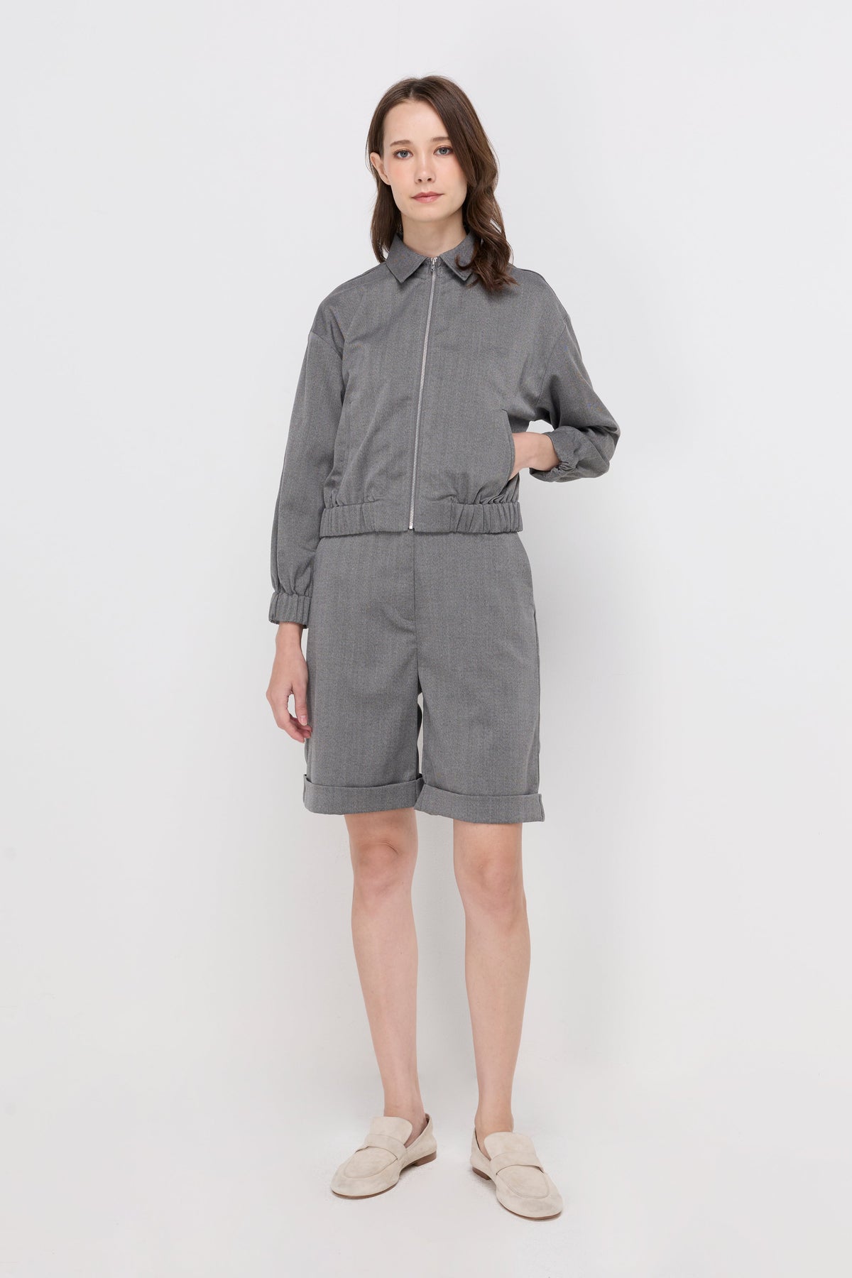 Herringbone Zip-Front Jacket Grey