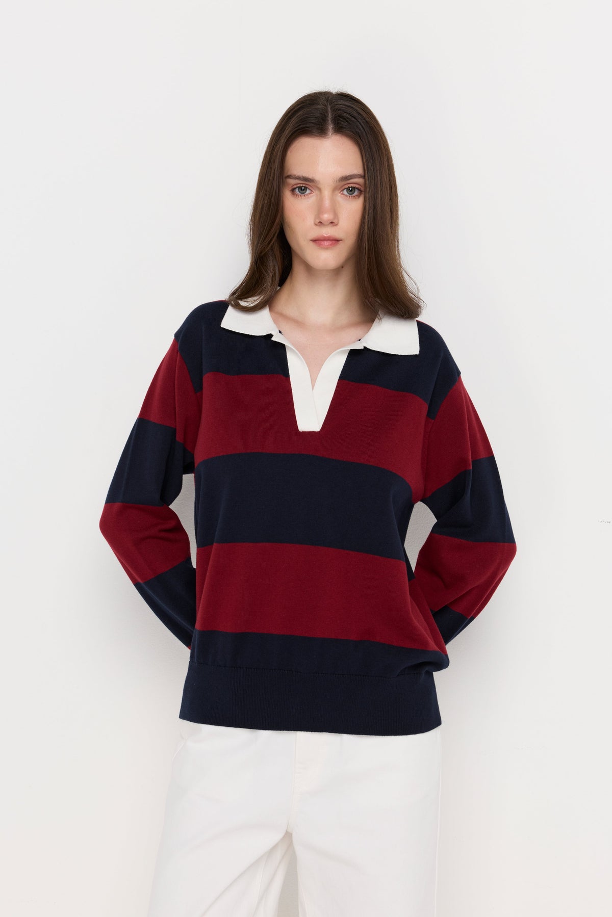 Oversized Stripe Rugby Knit Polo Shirt Striped Blue
