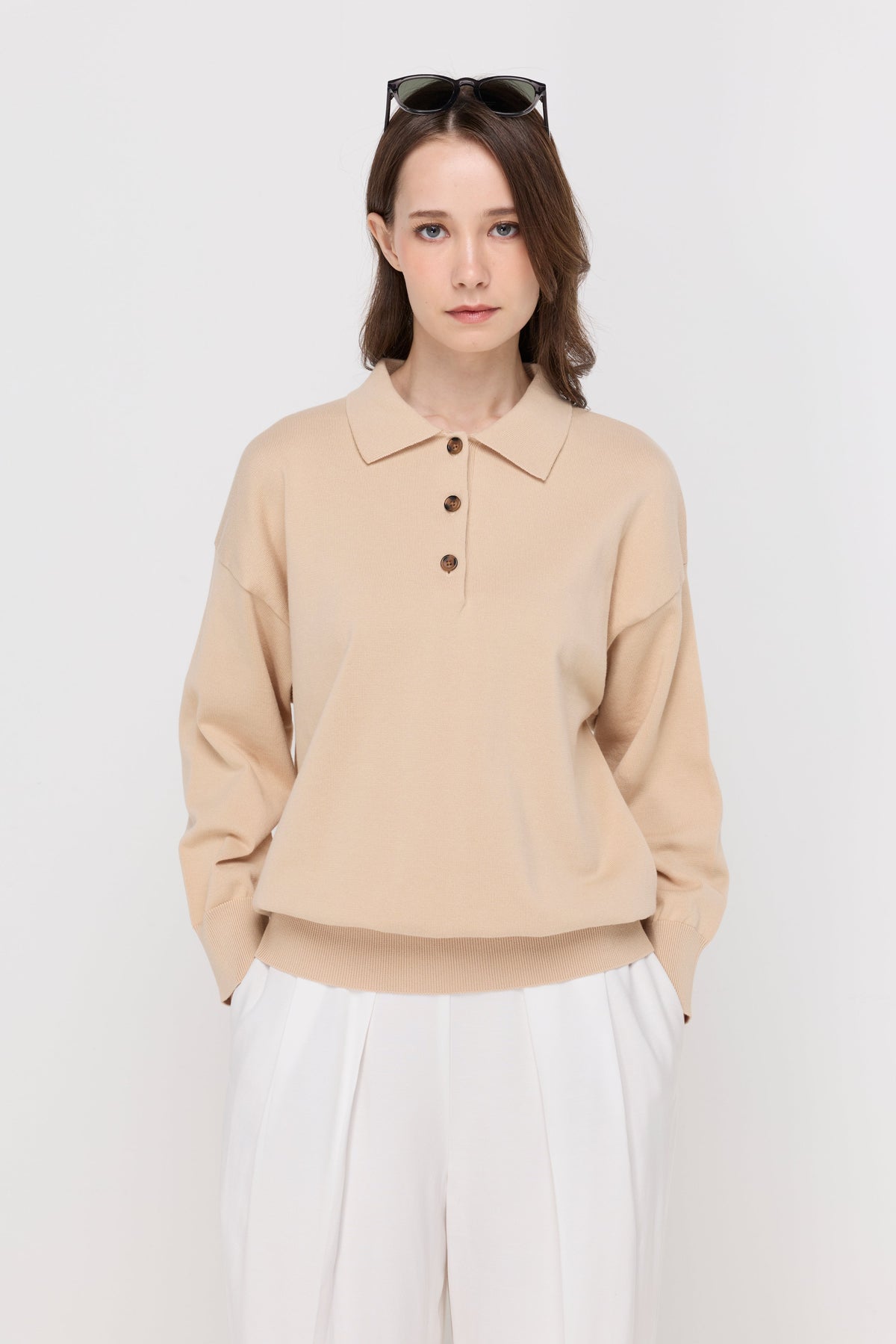 Button-Placket Knit Polo Top Beige