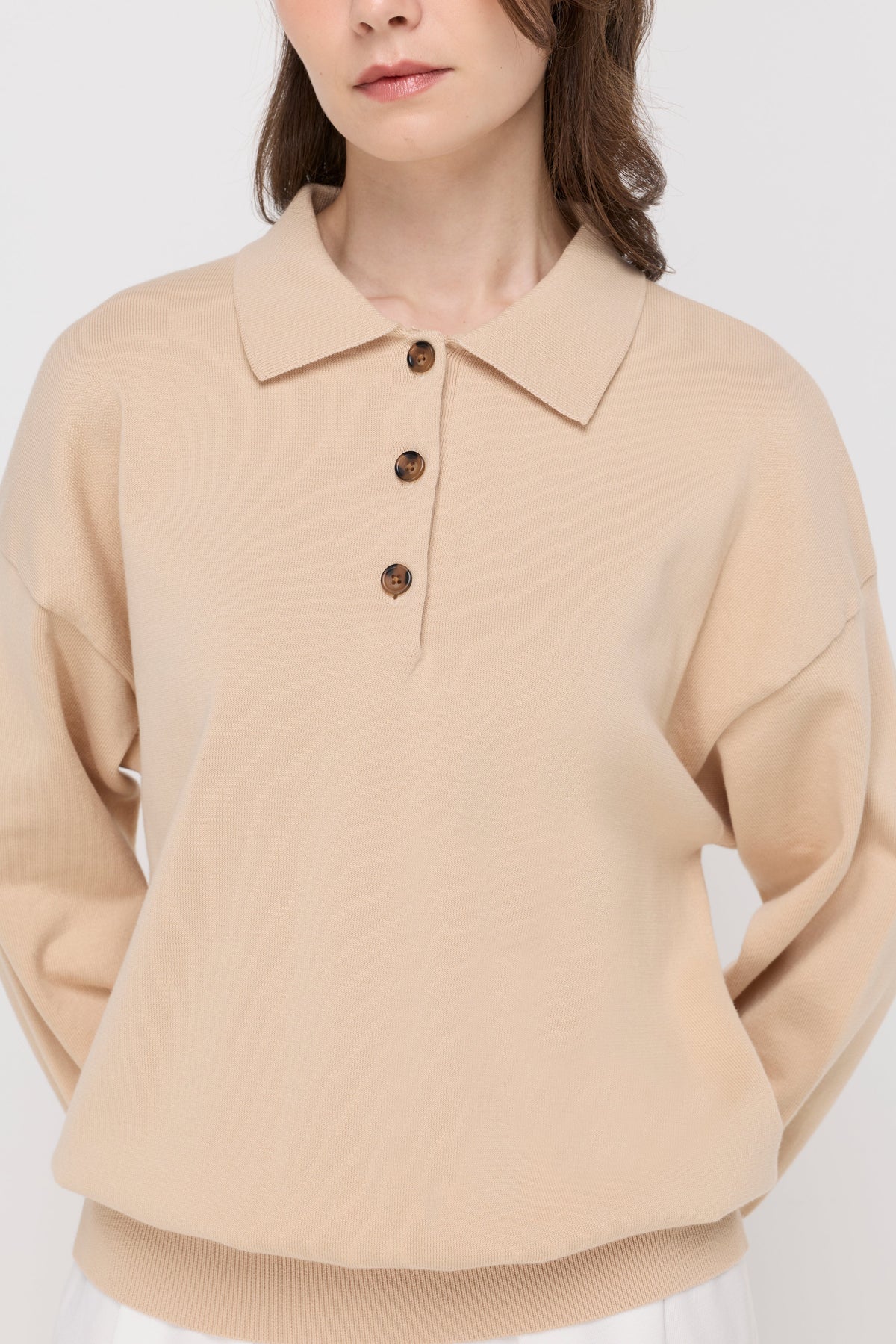 Button-Placket Knit Polo Top Beige