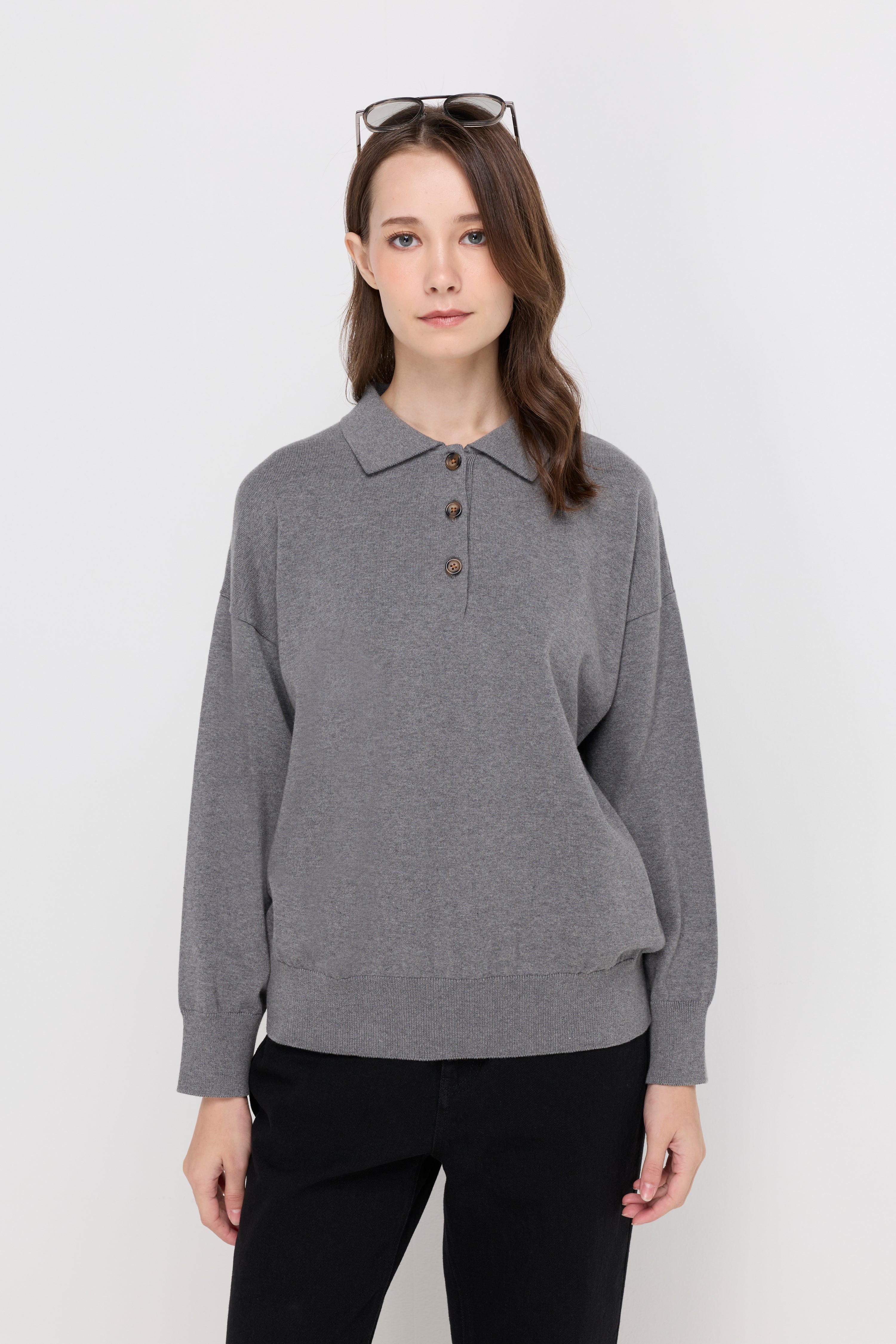 Button-Placket Knit Polo Top Black