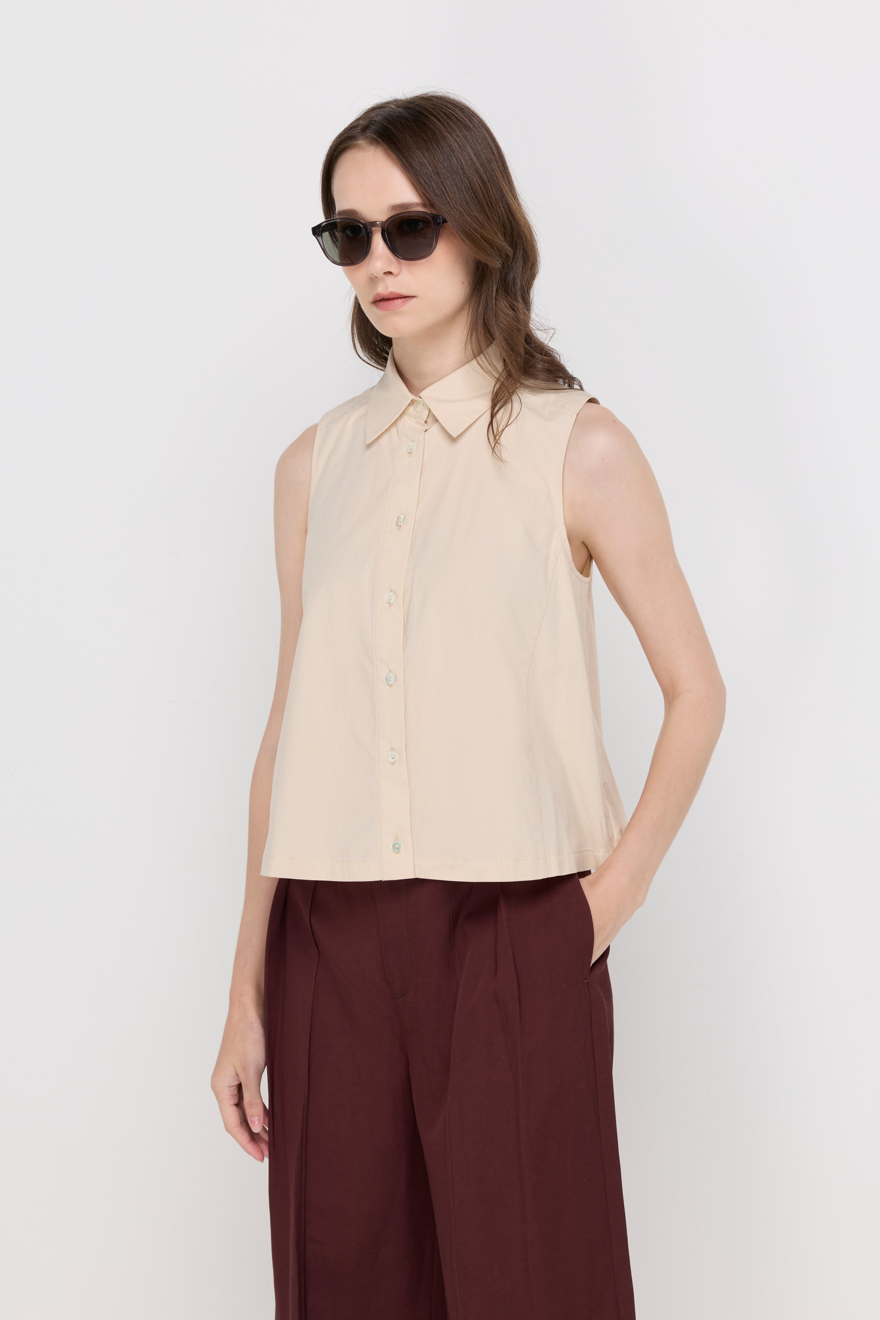 Sleeveless Cotton Puff-Shoulder Blouse Beige