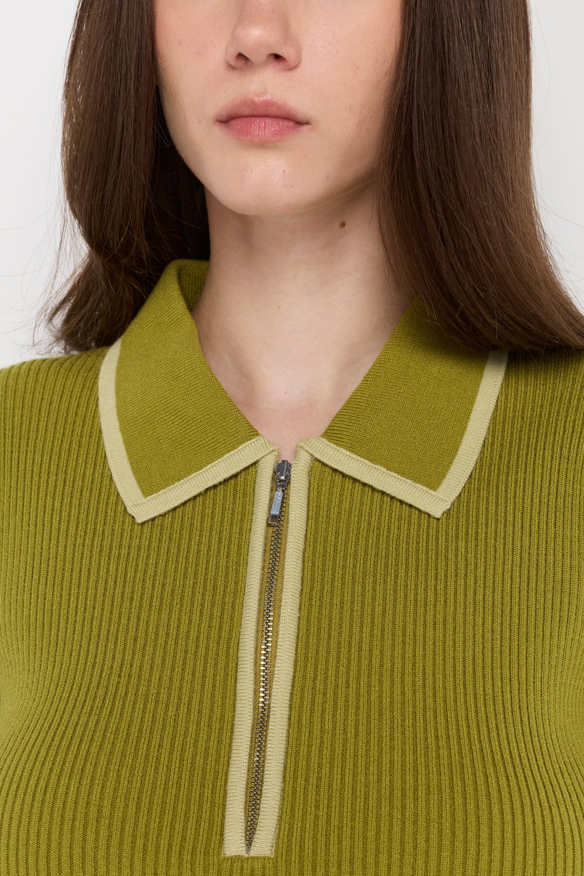 Ribbed Zip-Neck Knit Polo Green
