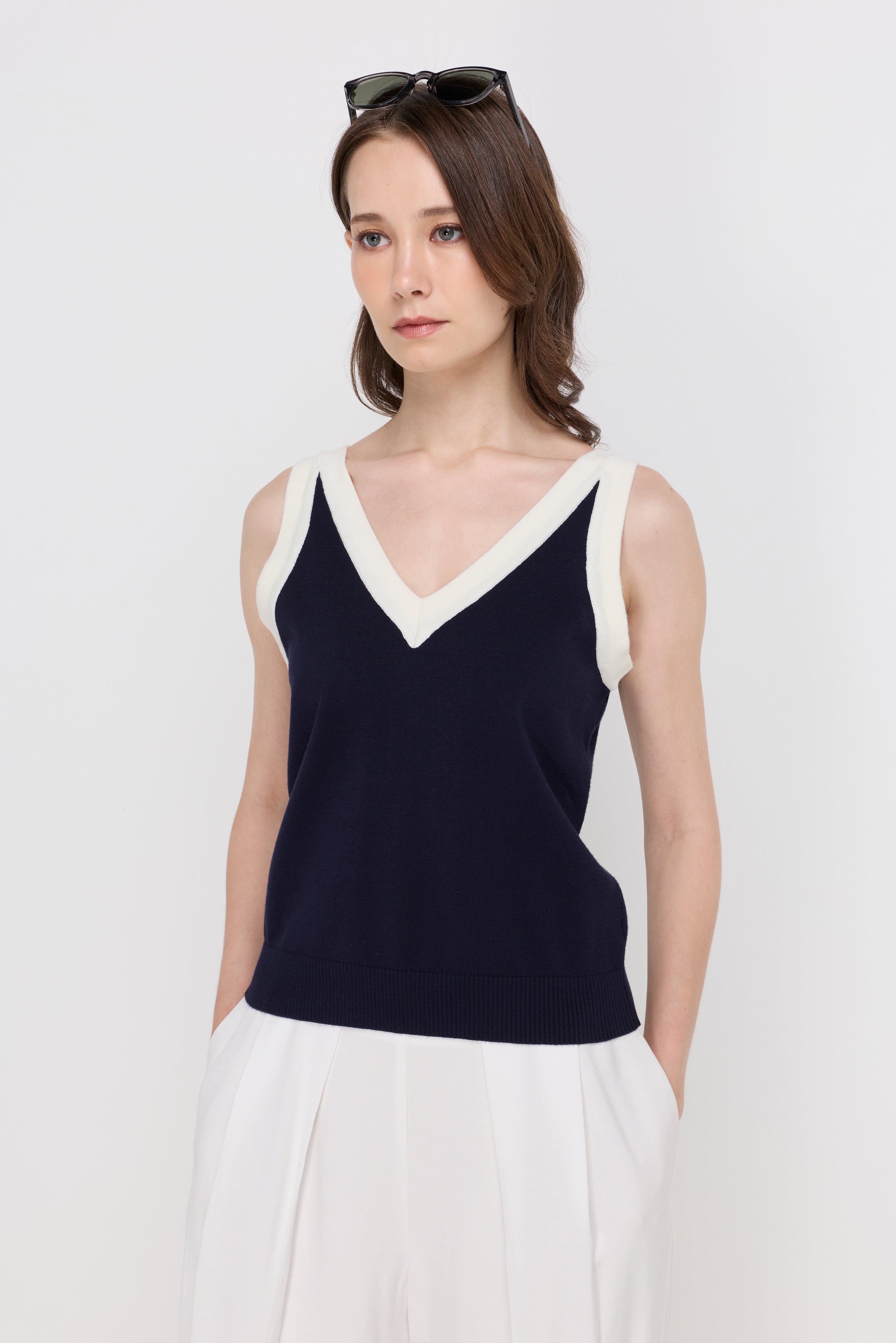 Sleeveless Ribbed Flatknit Top Navy