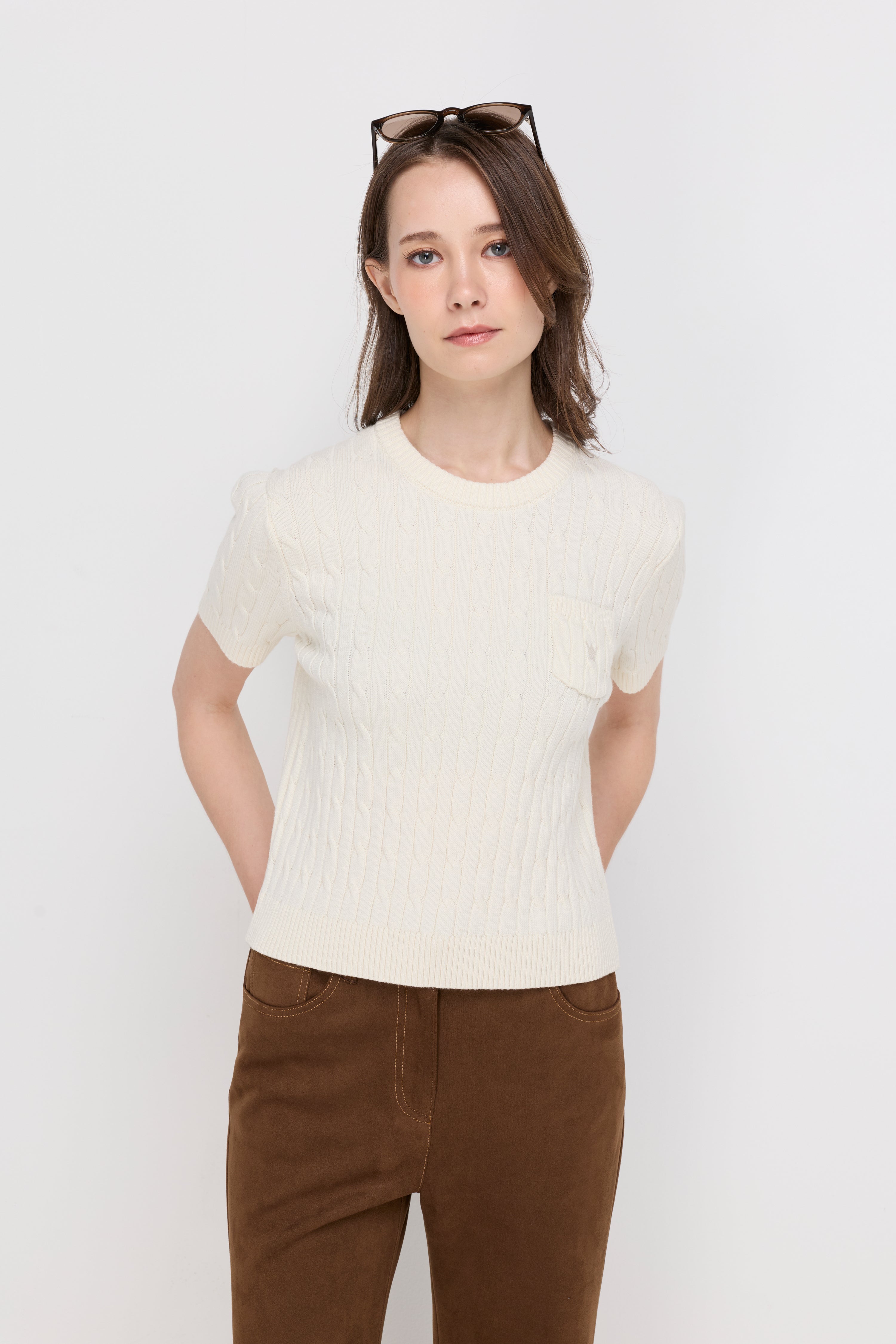 Cable Knit Crew Neck Top Cream