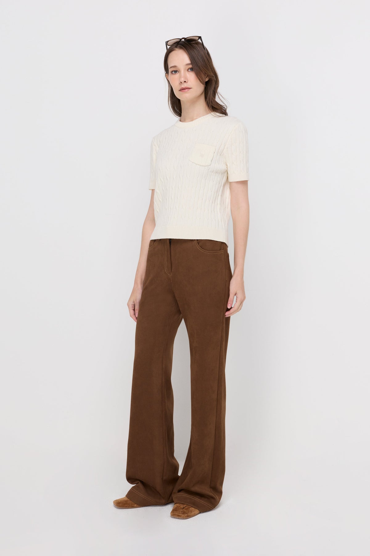 Cable Knit Crew Neck Top Cream