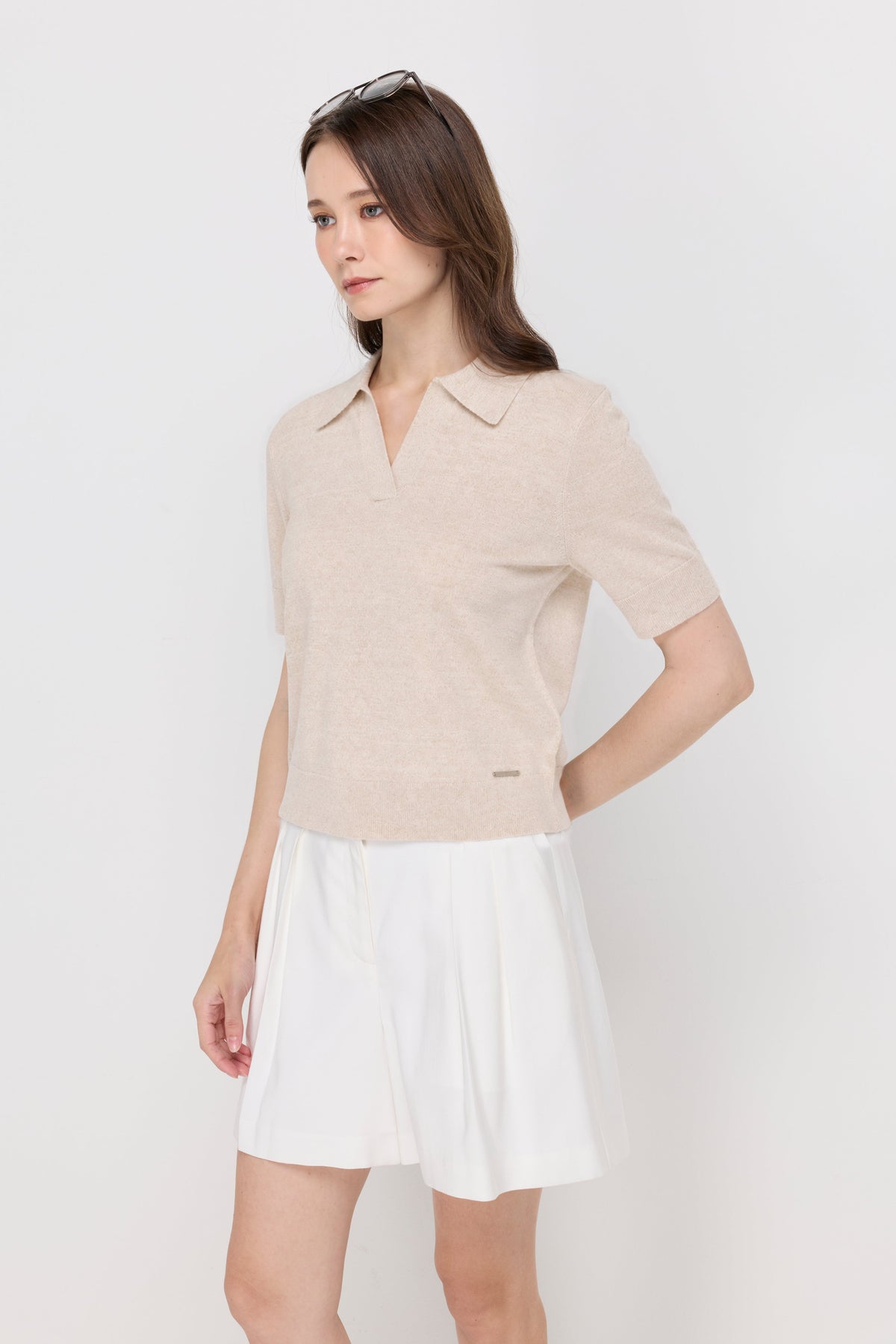 Textured Knit Polo Top Light Top Dyed Beige