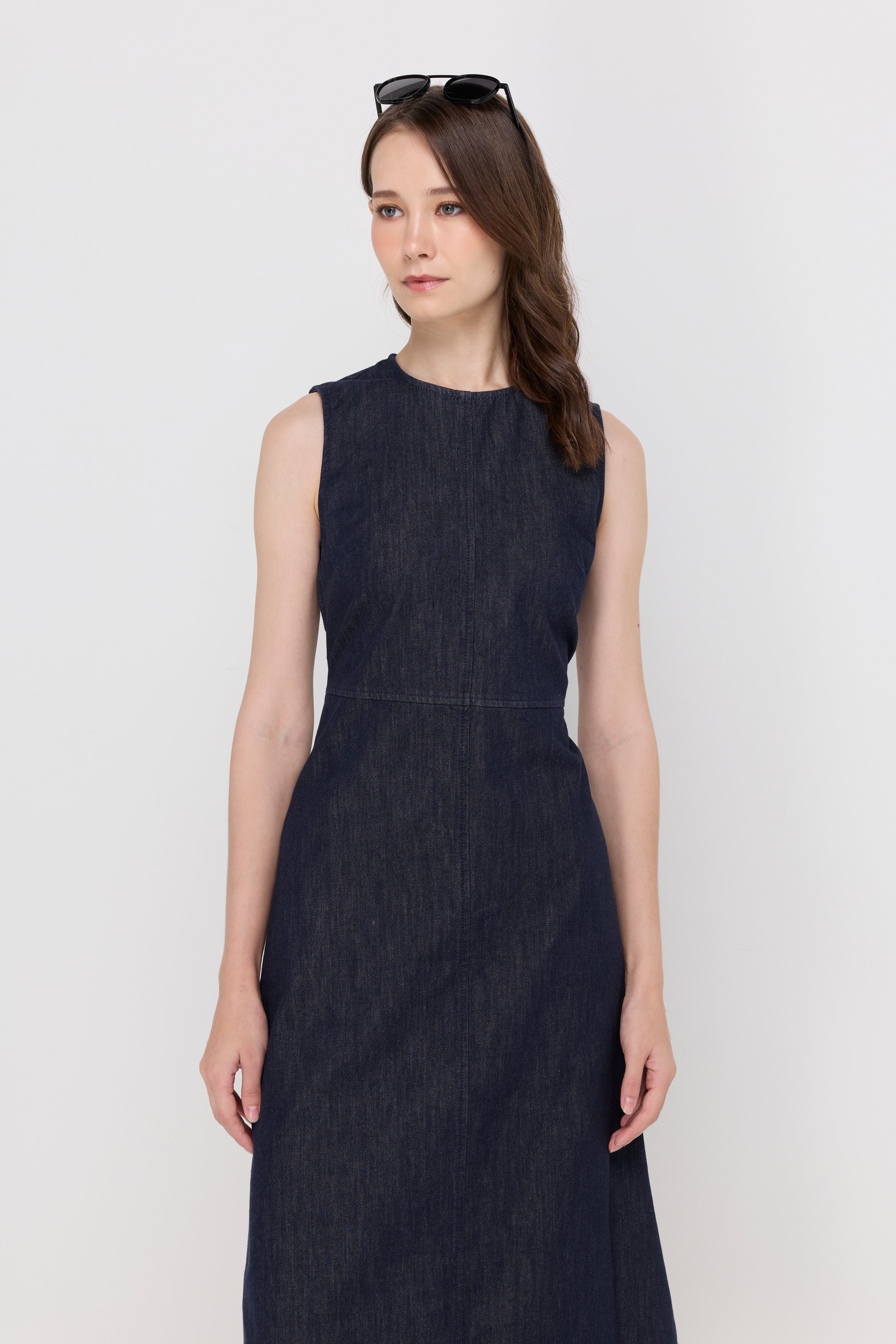 Sleeveless Denim Fit-And-Flare Dress Navy