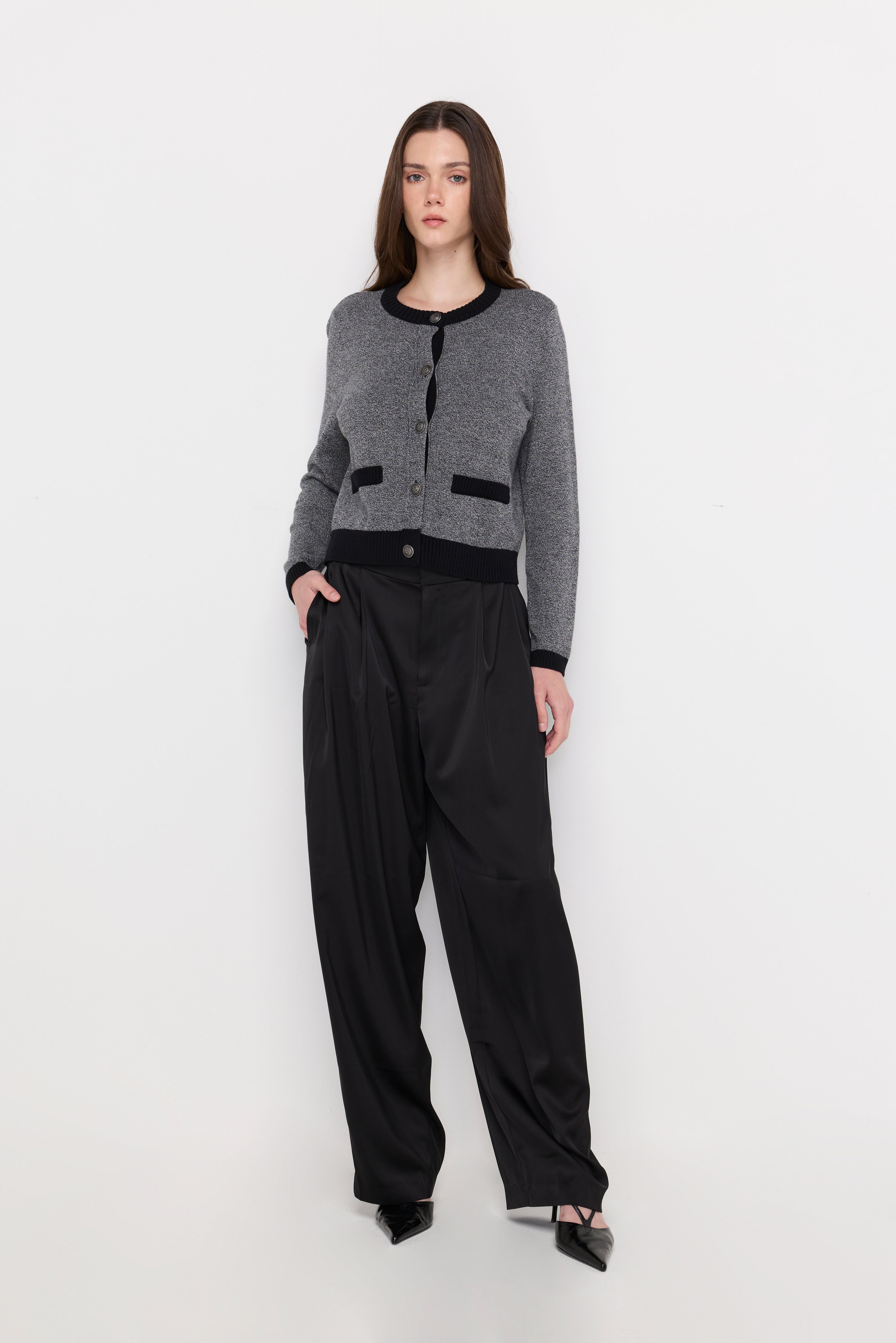 Contrast-Trim Knit Cardigan Grey