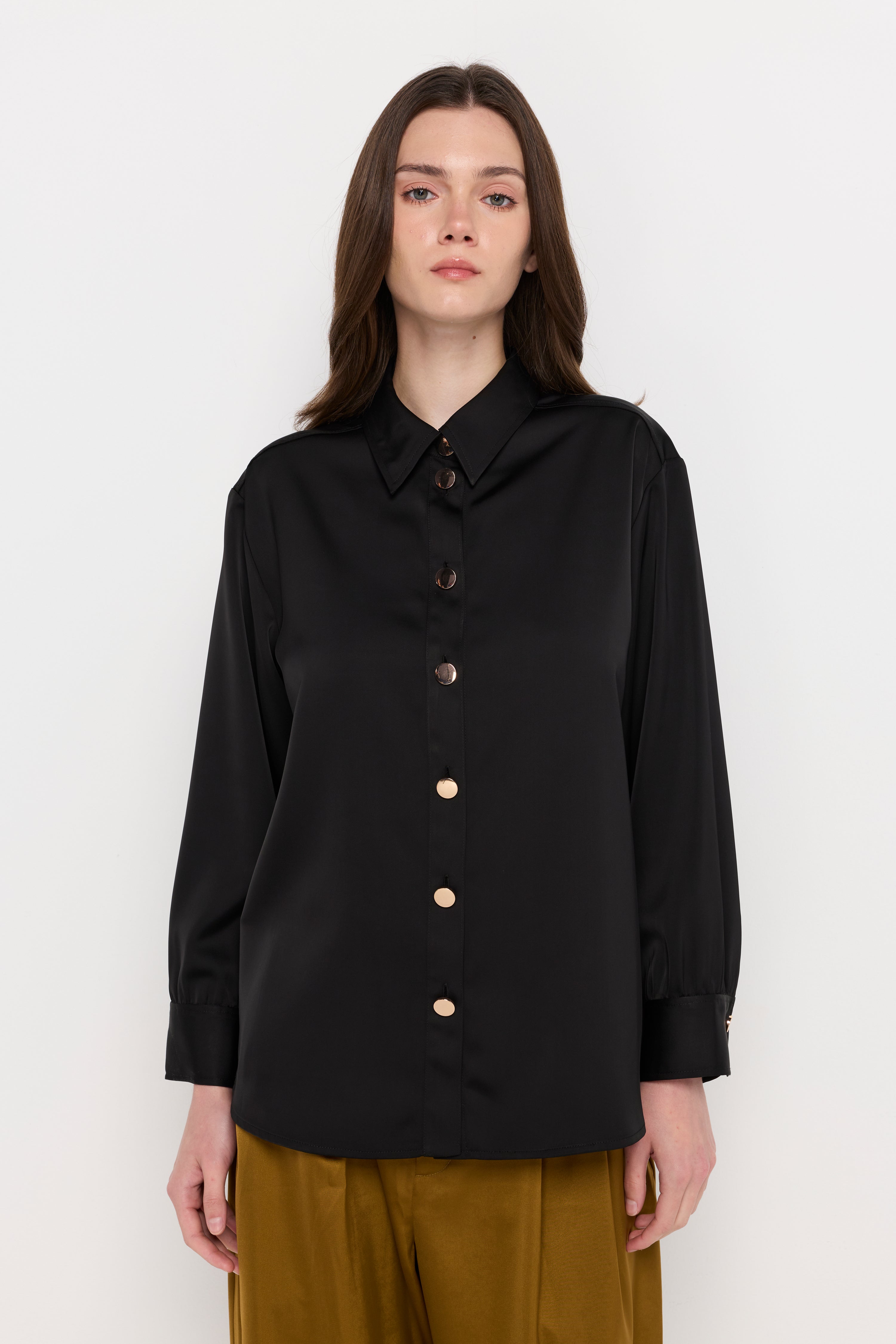 Satin Button-Front Shirt Black