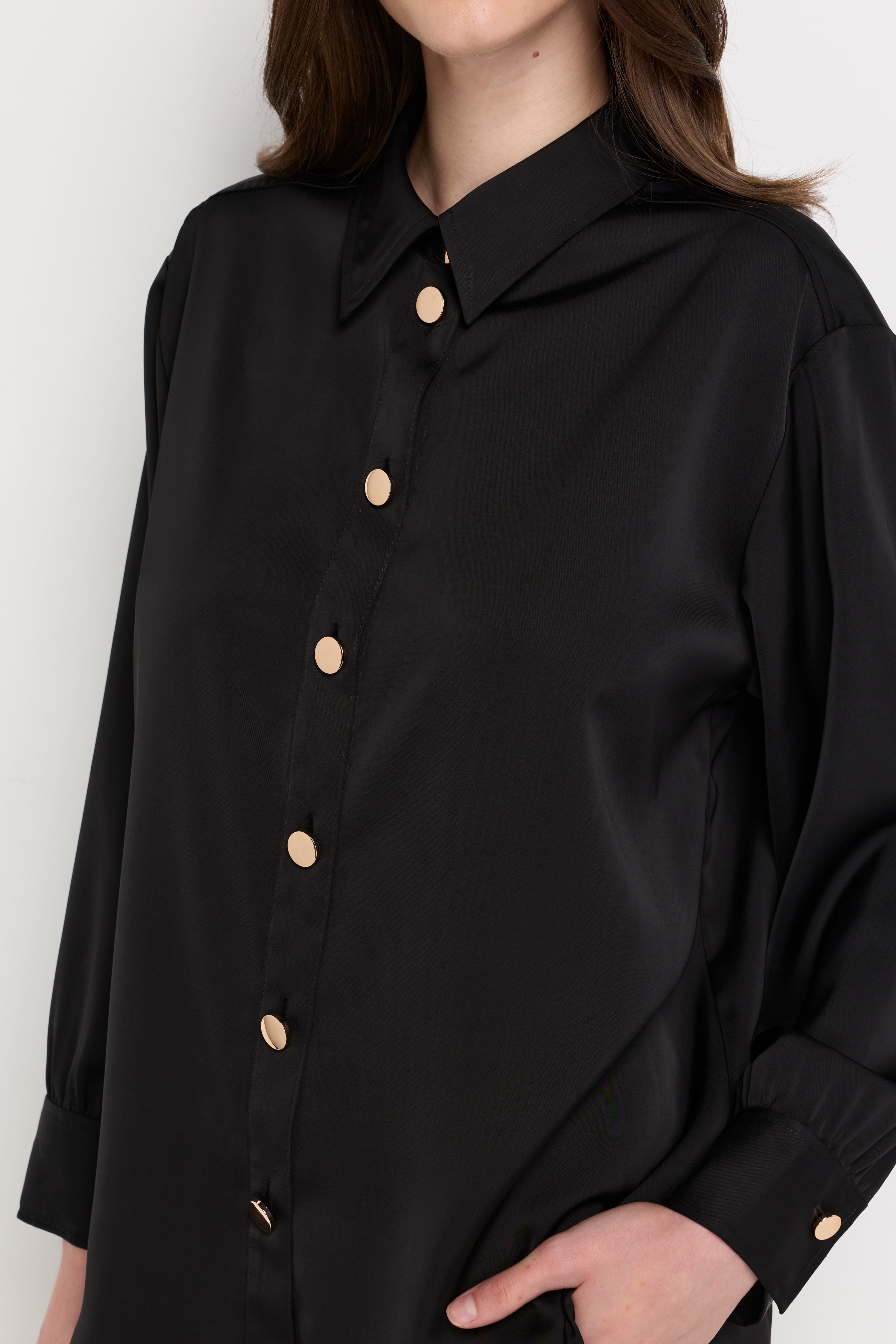 Satin Button-Front Shirt Black