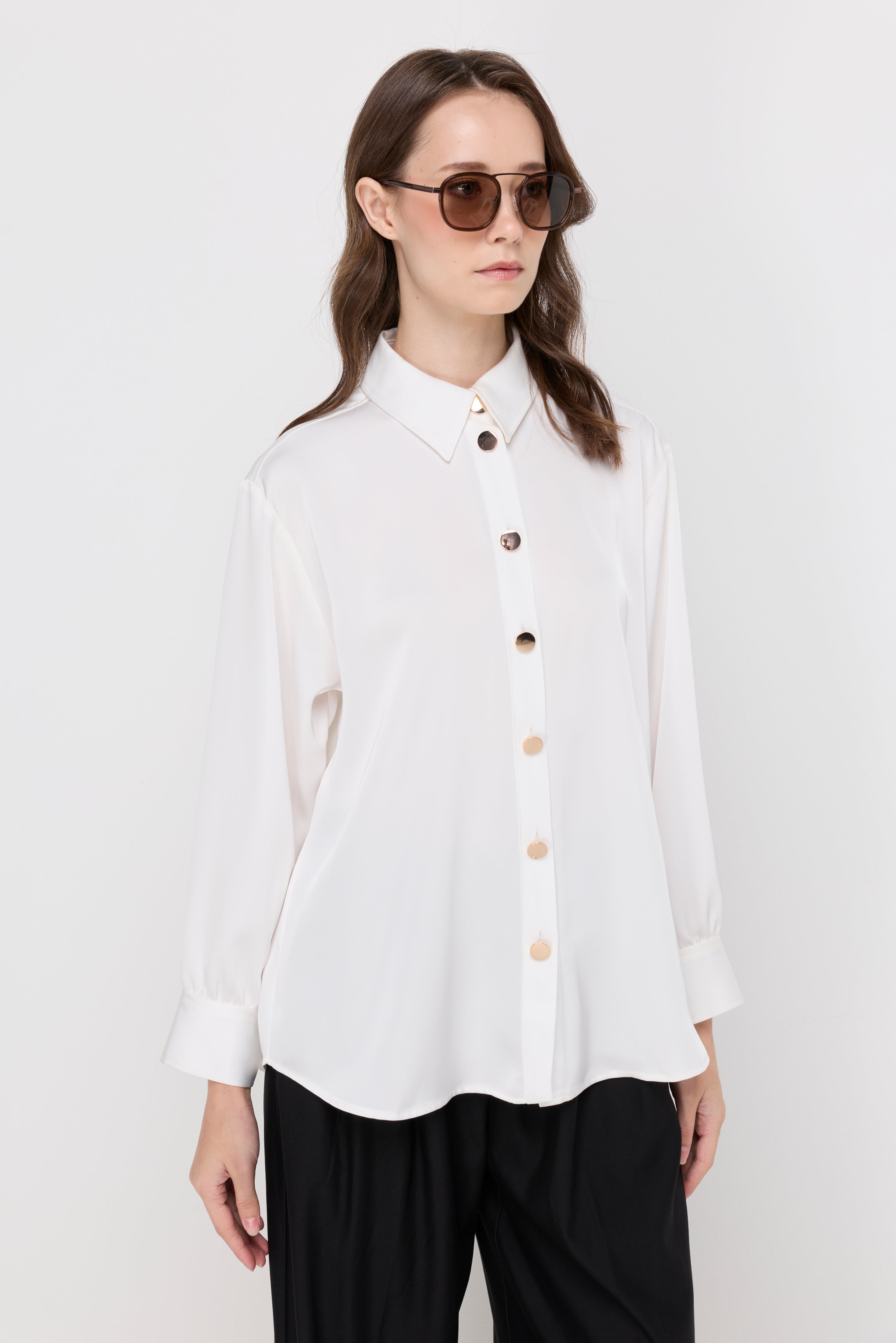 Satin Button-Front Shirt Off-White