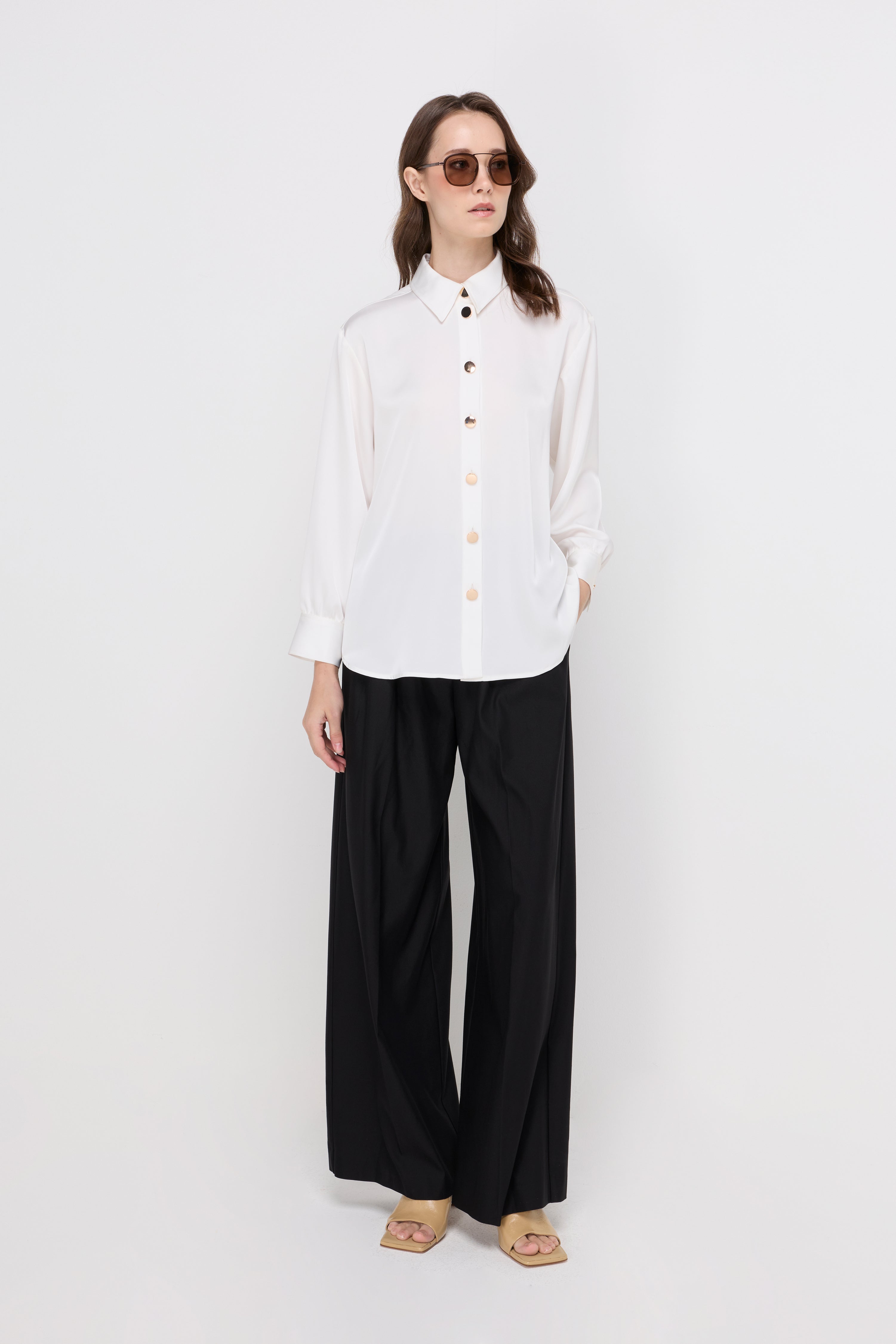 Satin Button-Front Shirt Off-White