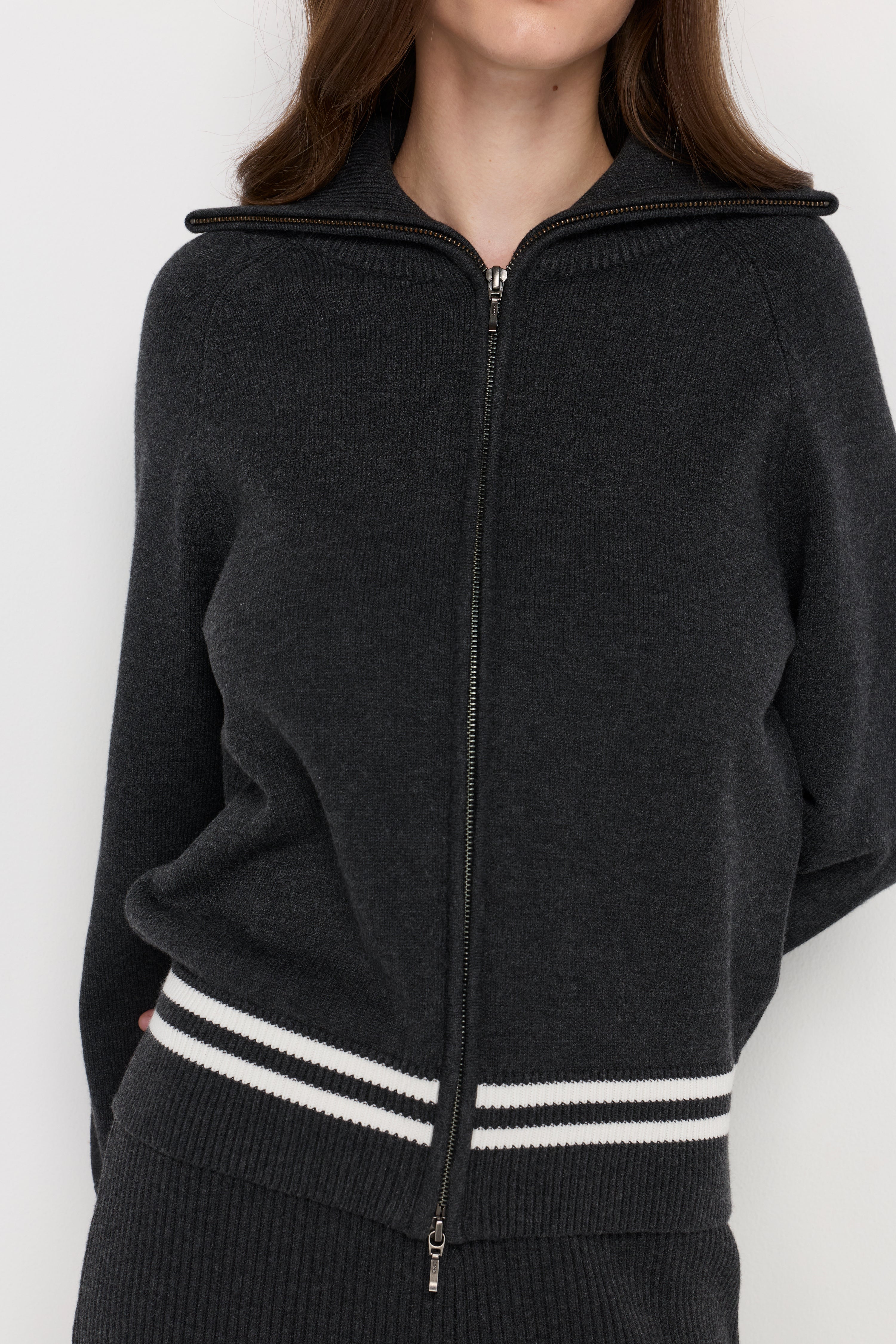Ribbed Knit Zip-Up Hooded Cardigan Top Dyed Grey