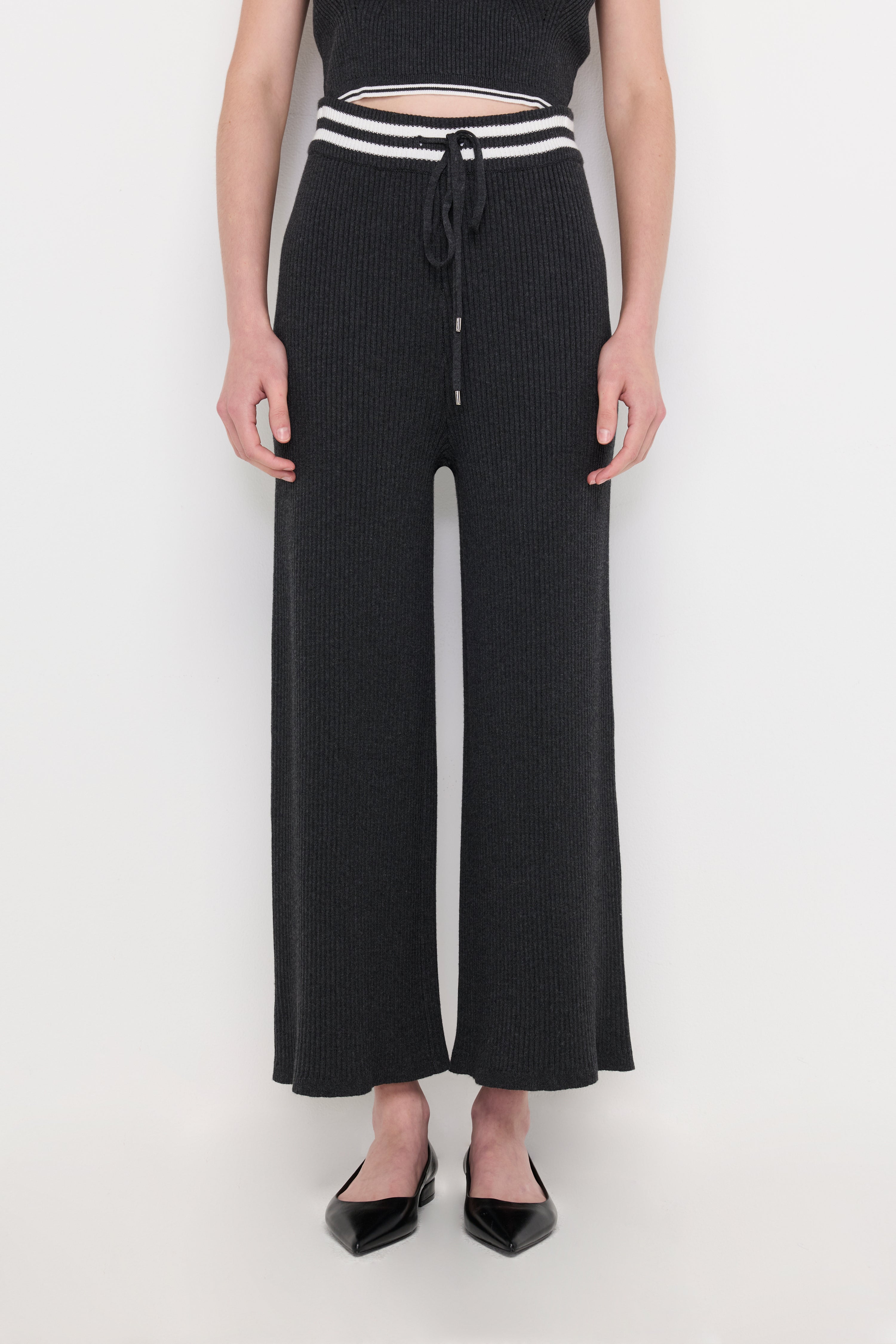 Contrast Waist Knit Wide-Leg Pants Top Dyed Grey