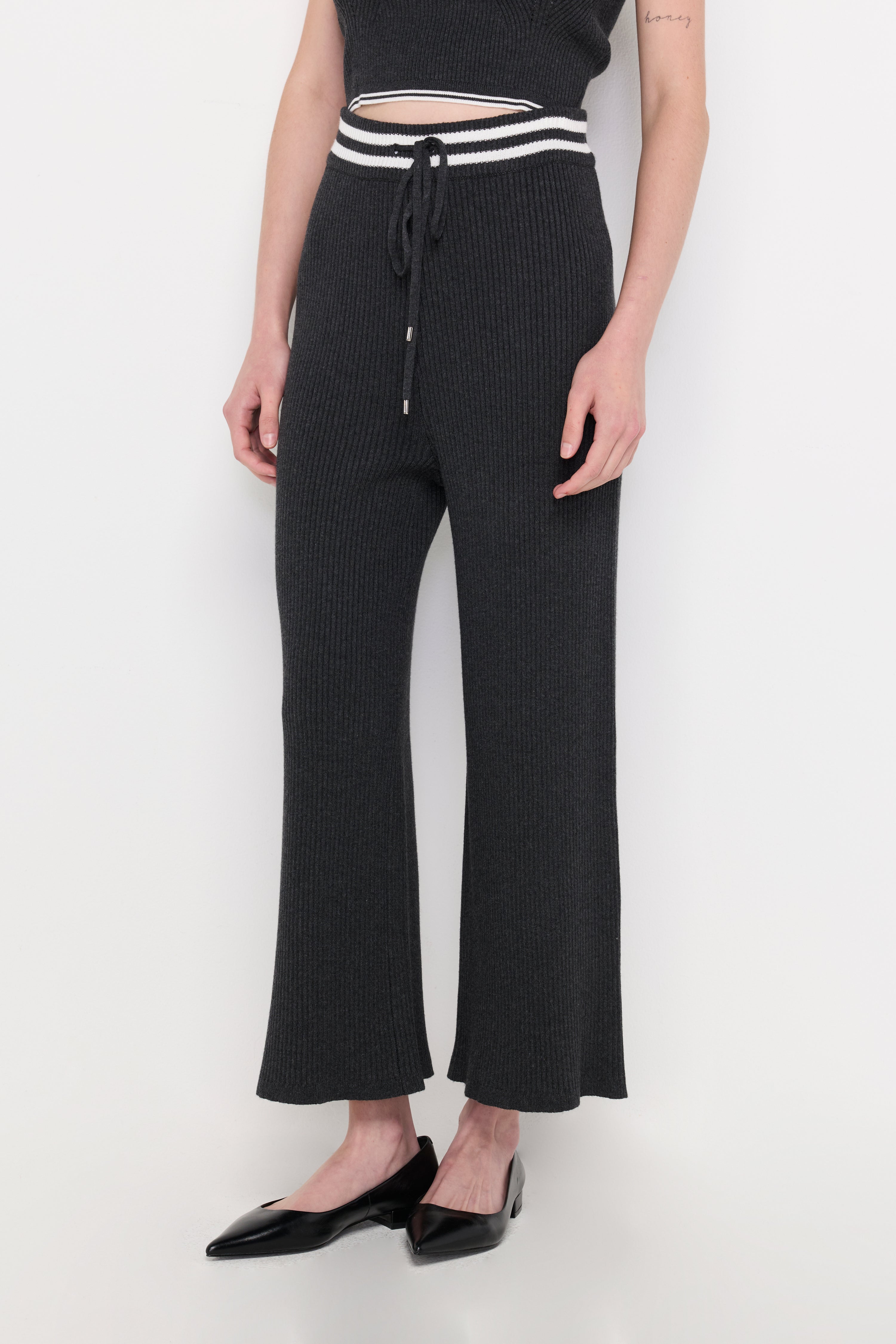 Contrast Waist Knit Wide-Leg Pants Top Dyed Grey
