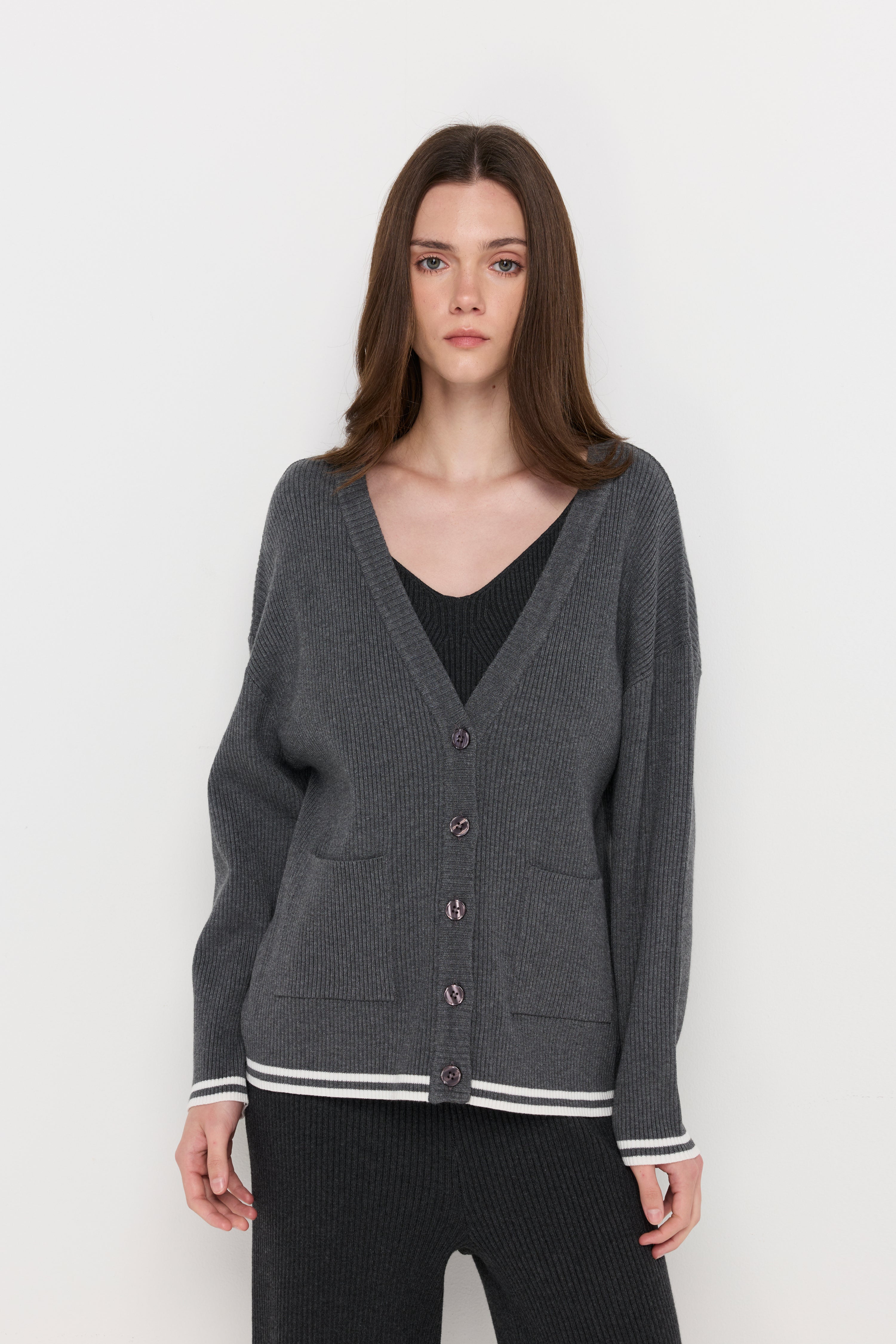 Contrast Trim Knit Cardigan Top Dyed Grey