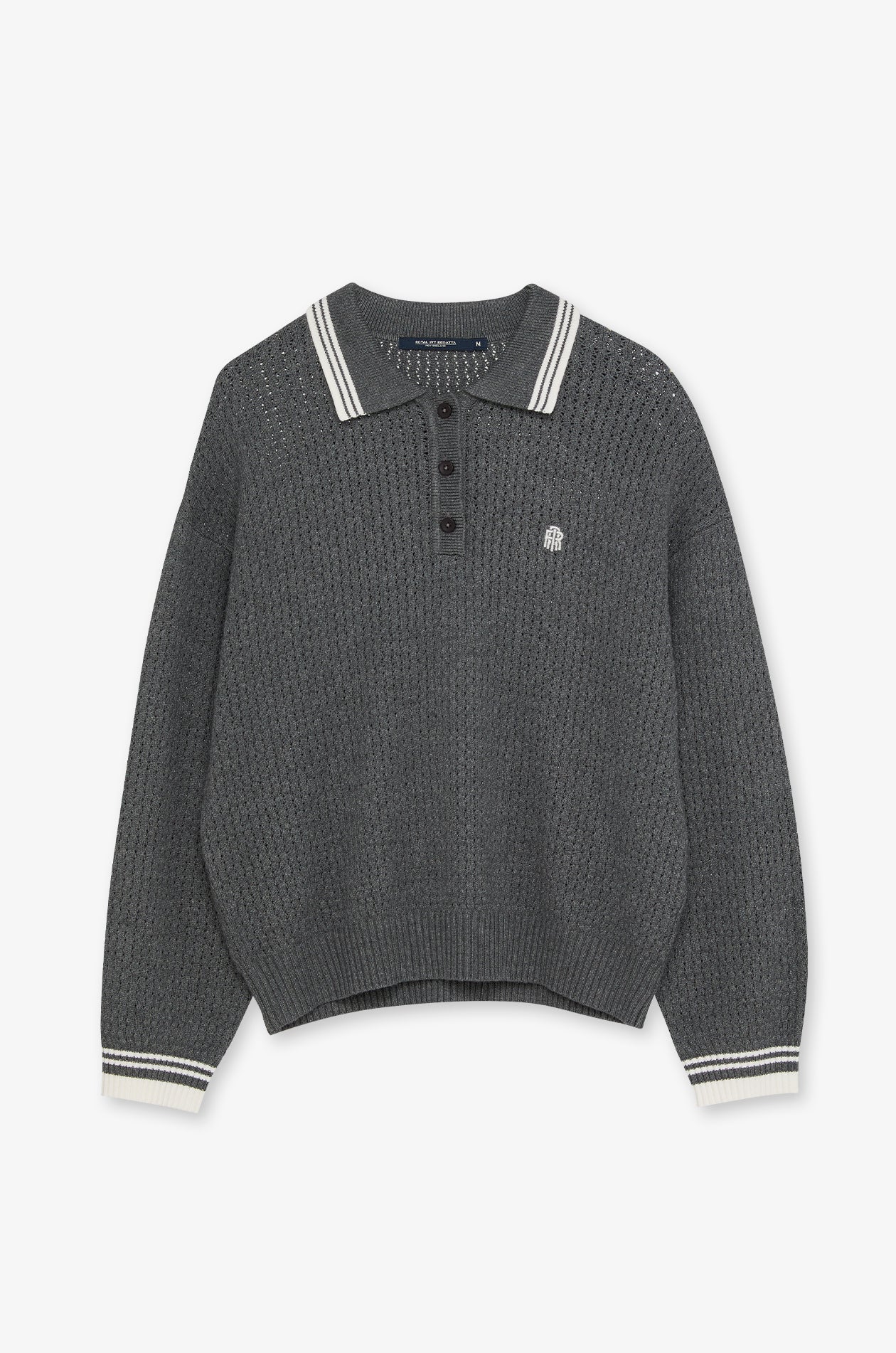 Textured Knit Polo Sweater Top Dyed Grey