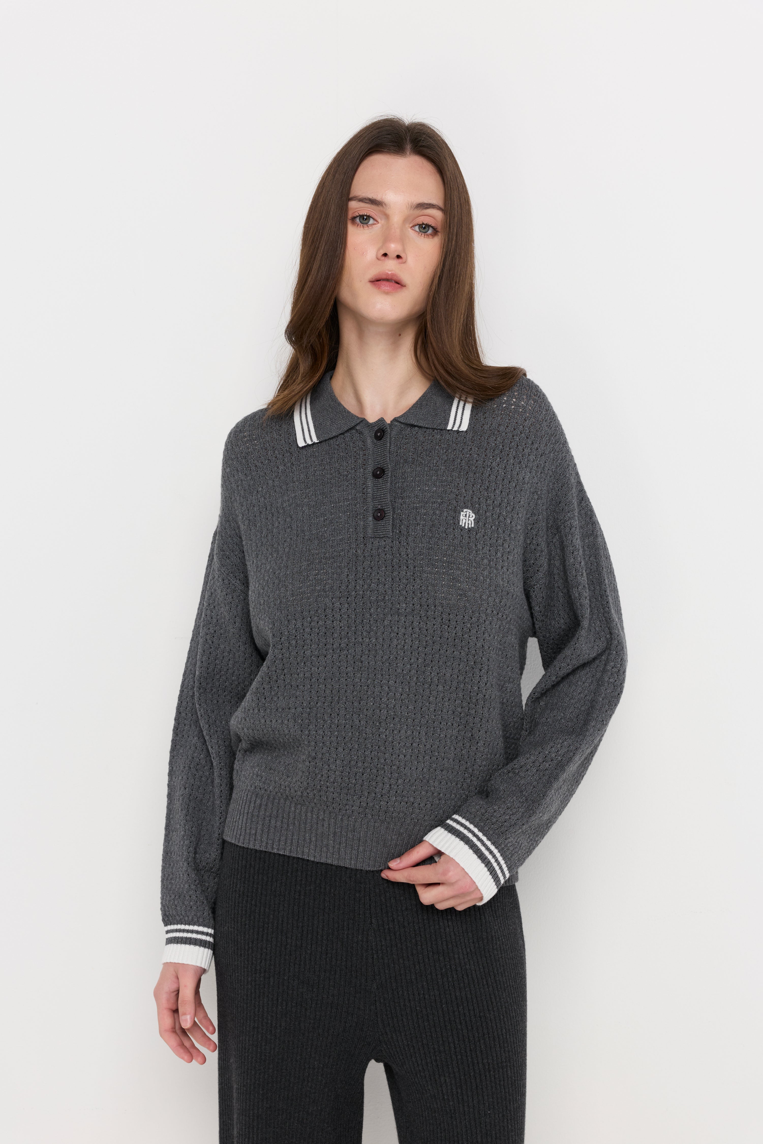 Textured Knit Polo Sweater Top Dyed Grey