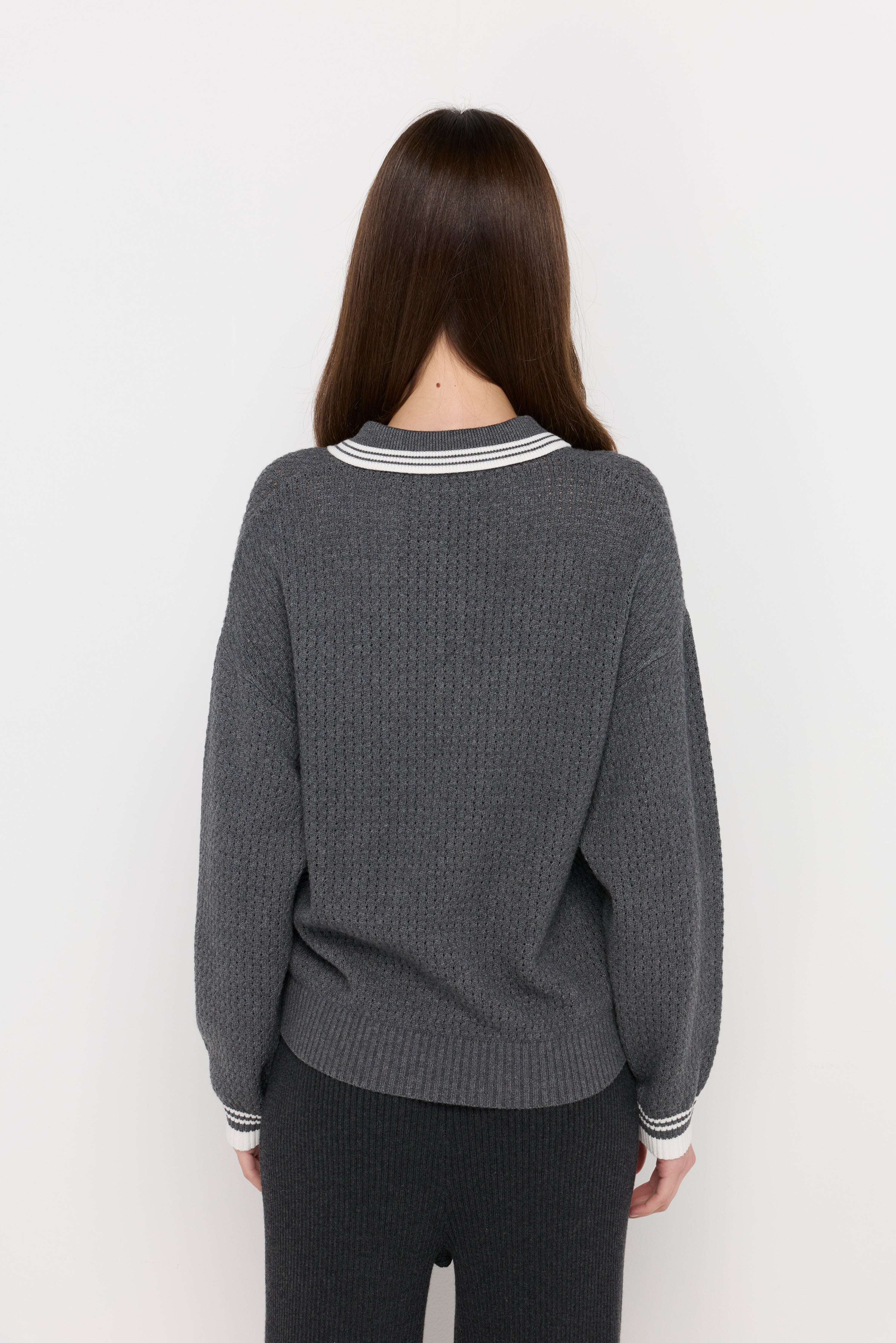 Textured Knit Polo Sweater Top Dyed Grey