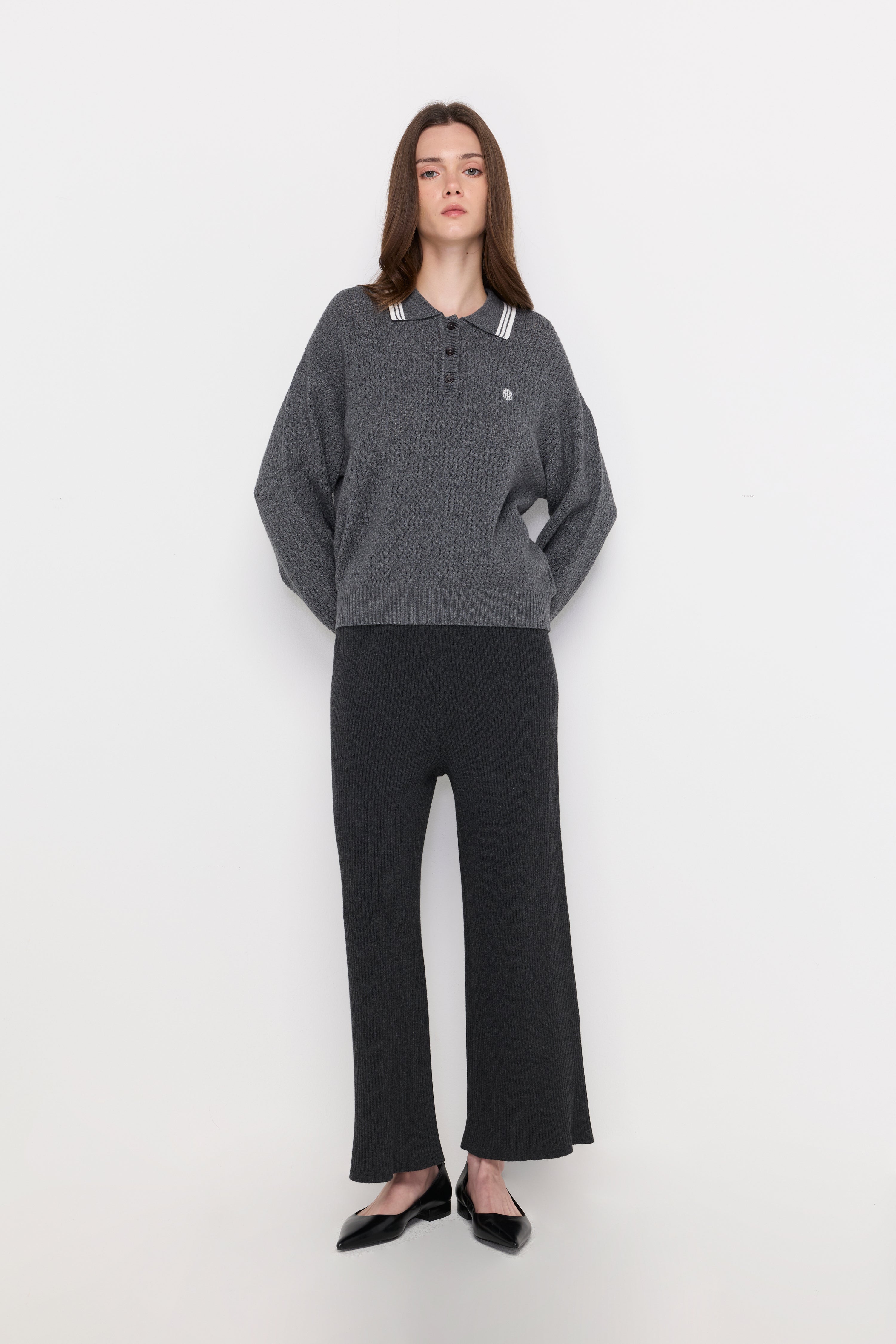 Textured Knit Polo Sweater Top Dyed Grey
