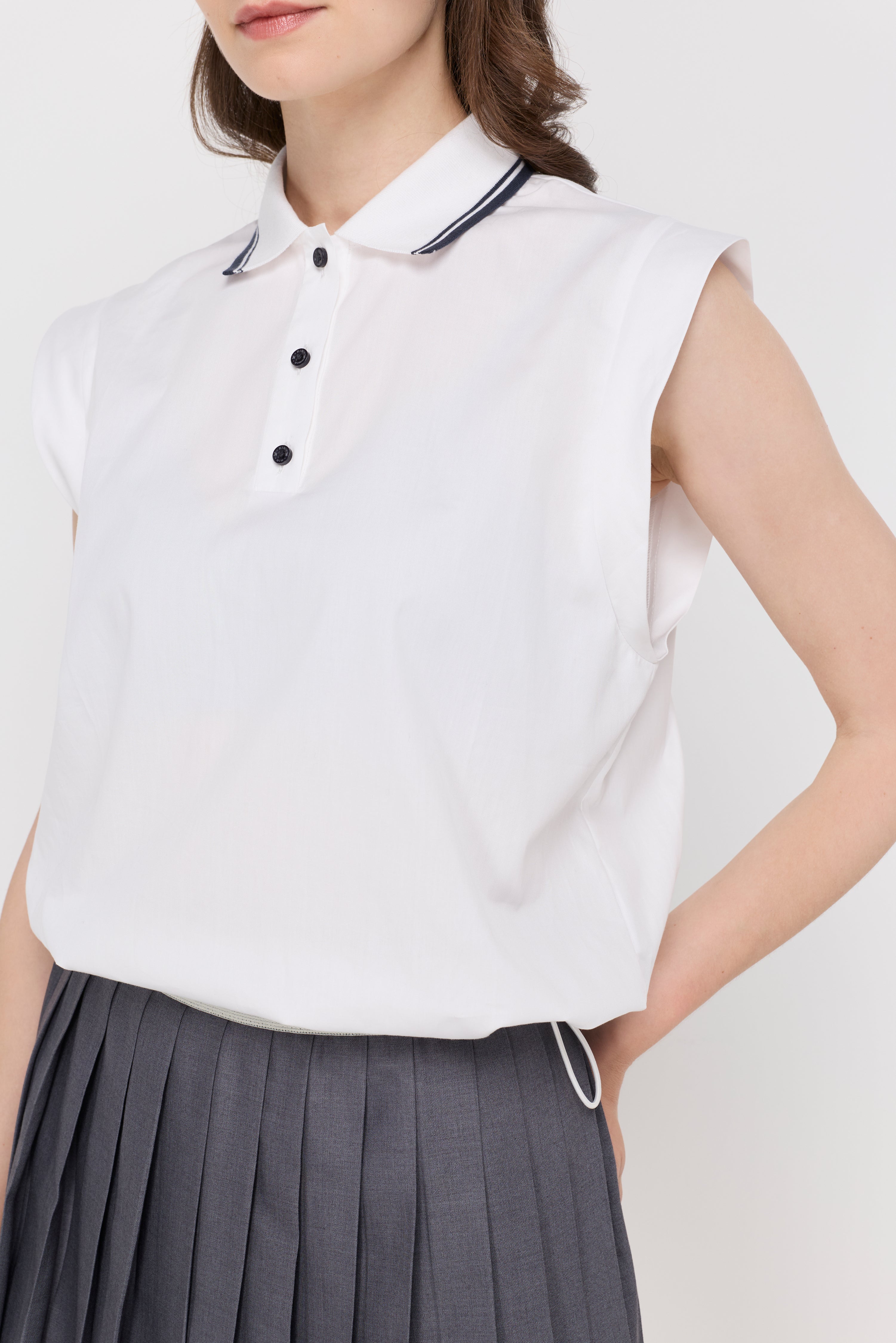 Contrast Trim Sleeveless Polo Top White