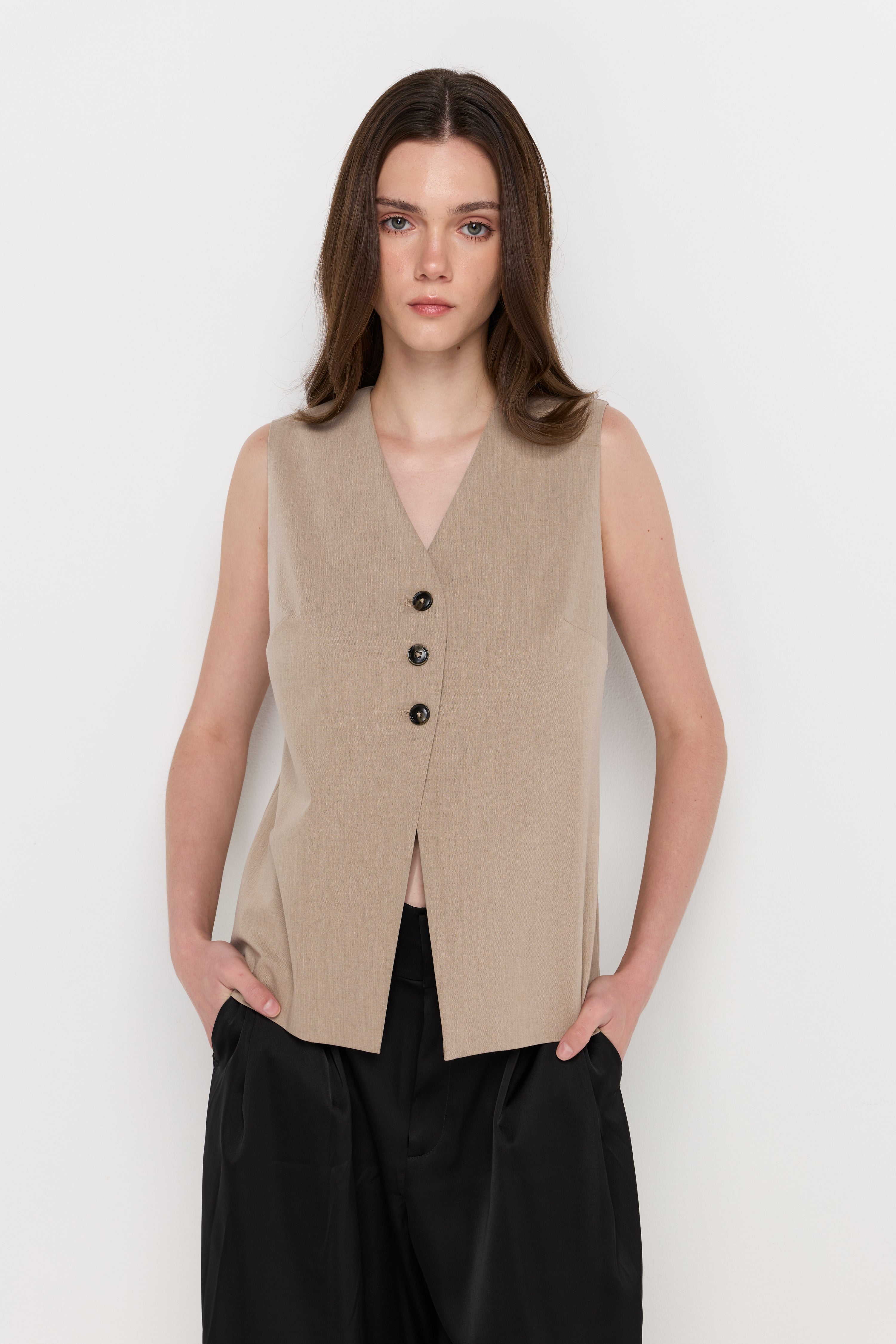 Tailored Button-Front Vest Top Brown
