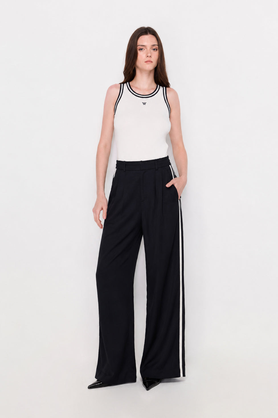 Contrast Side Stripe Wide-Leg Trousers Navy