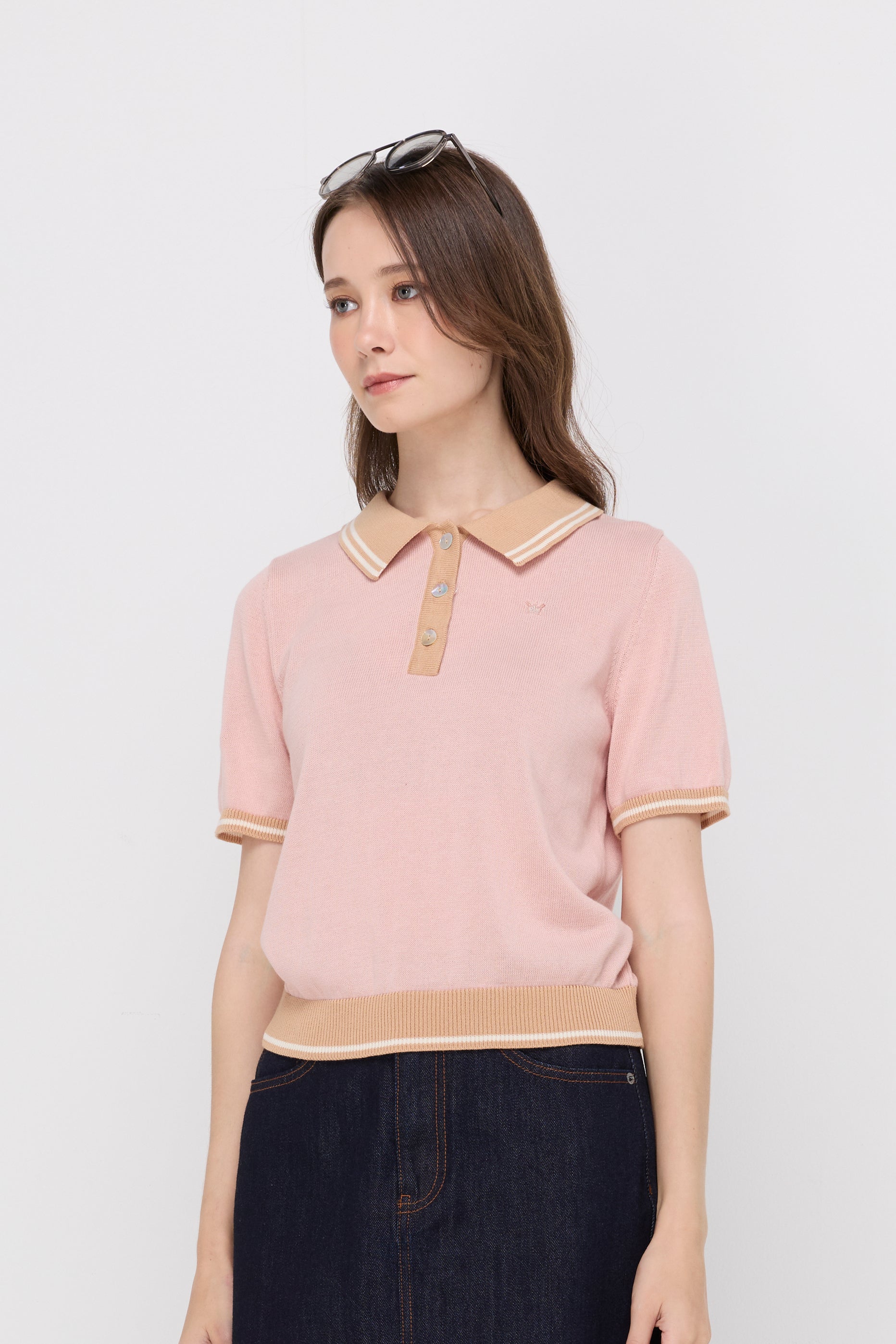 Contrast Trim Knit Polo Top Pink
