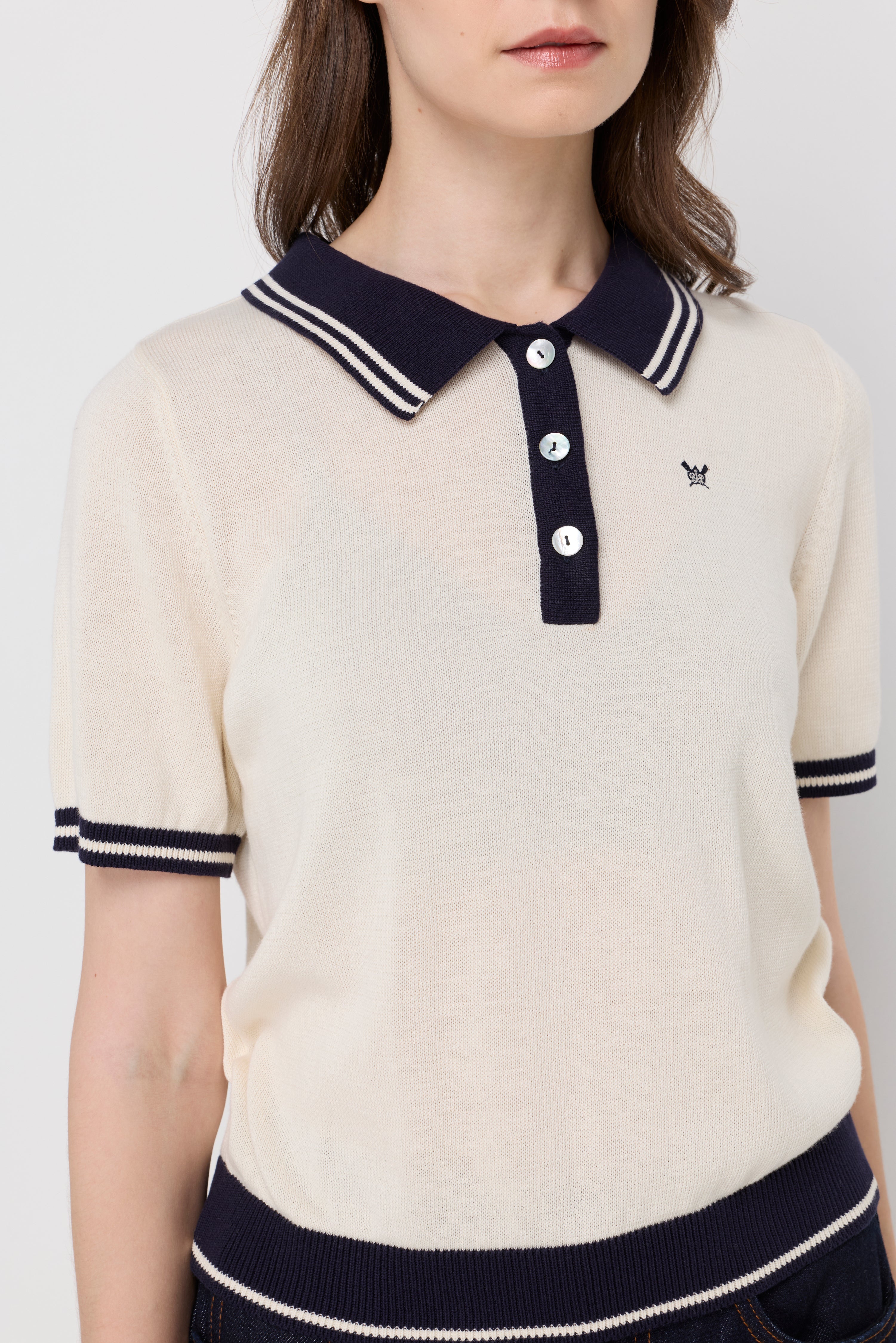 Contrast Trim Knit Polo Top Off-White
