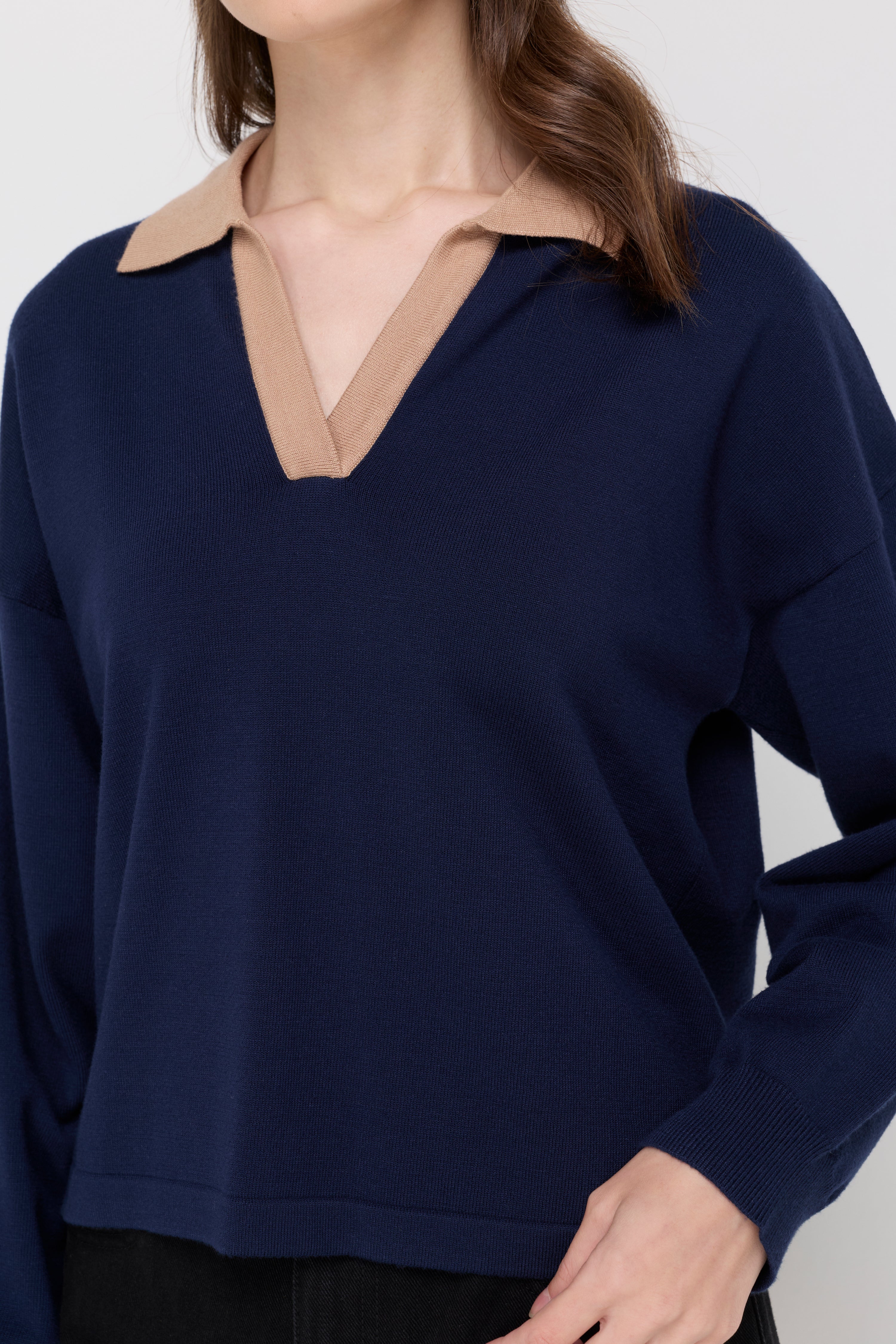 Contrast Trim Long Sleeve Polo Sweater Navy