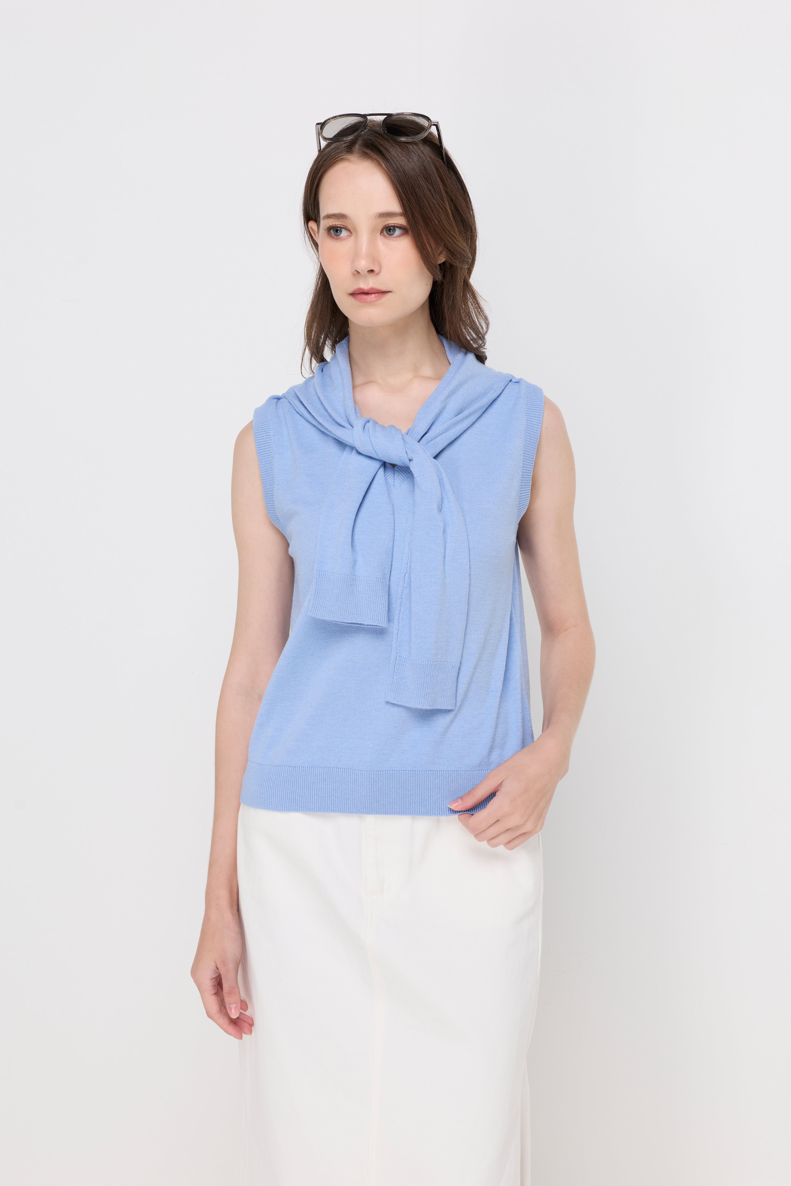 Shoulder-Wrap Knit Top Blue