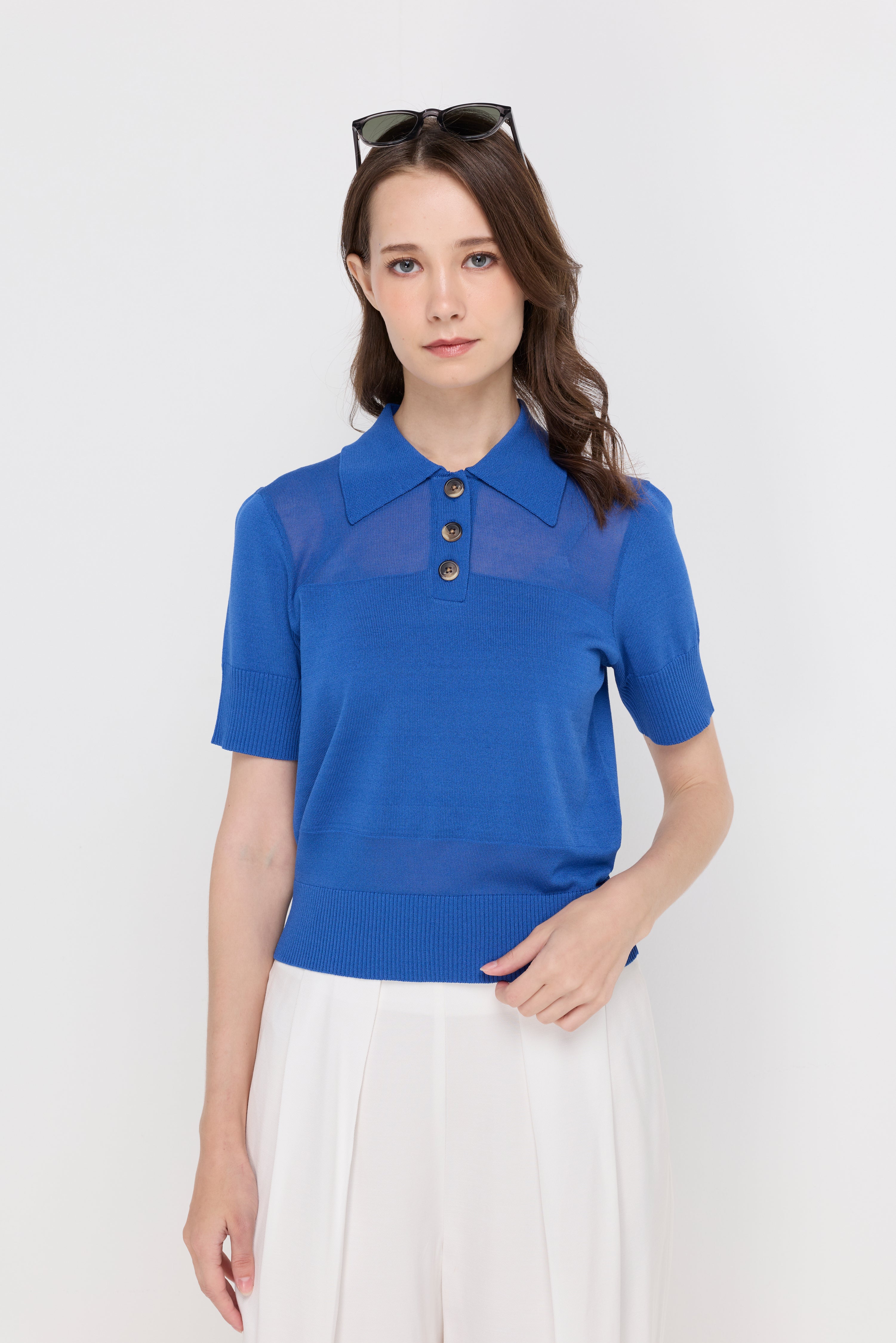 Textured Knit Polo Top Dark Blue