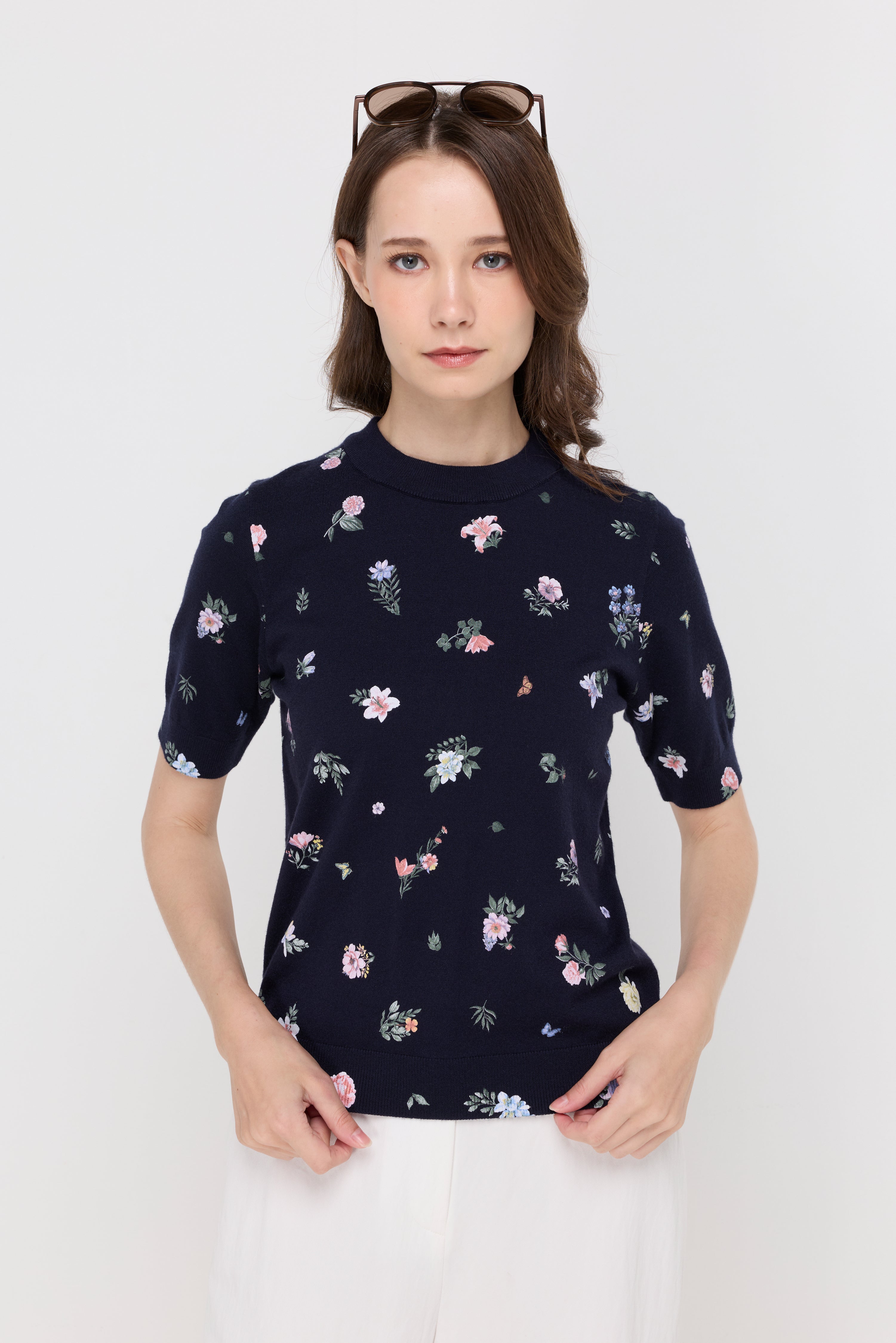 Floral Print Ribbed Knit Top Printed Navy