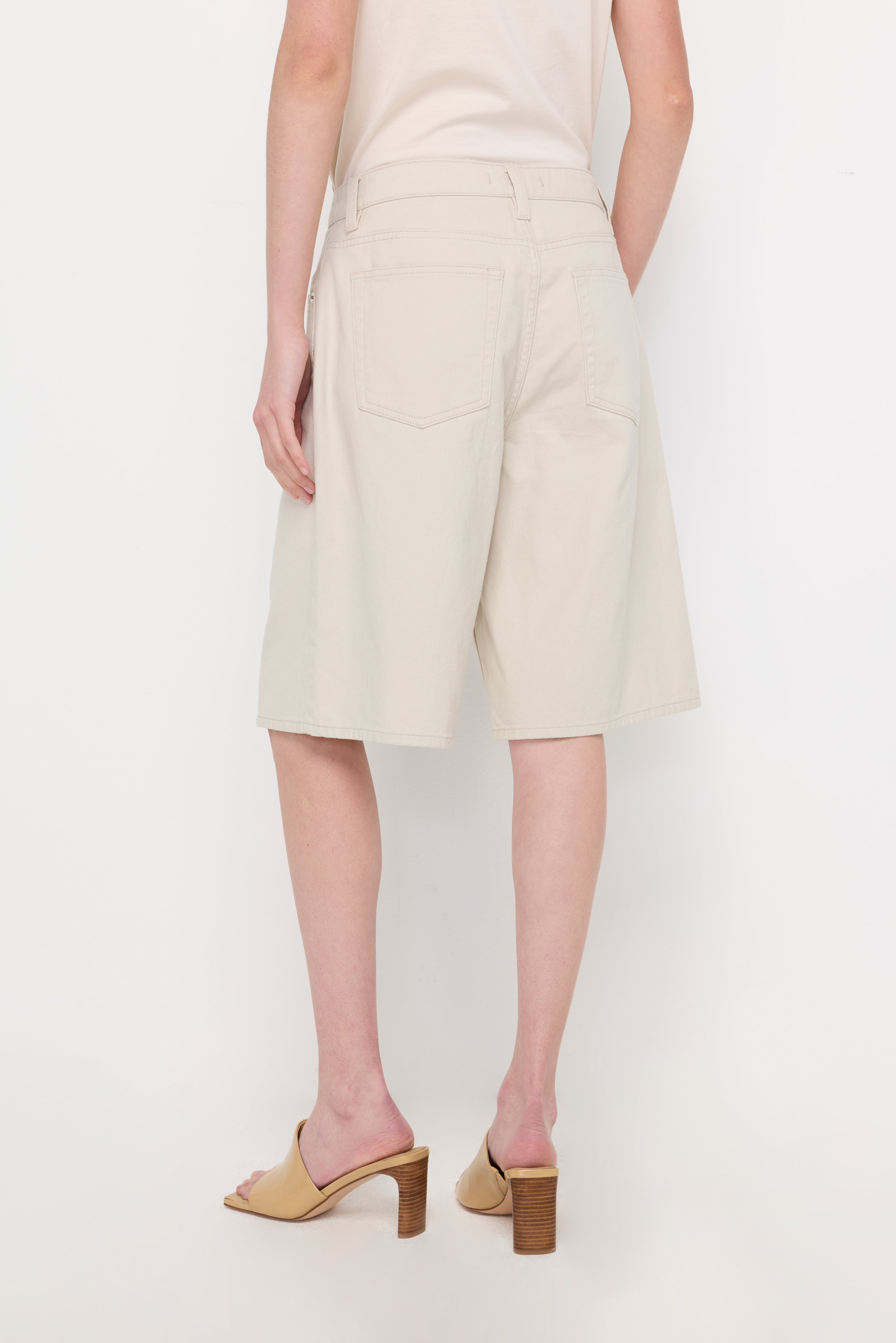 High-Rise Denim Bermuda Shorts Beige