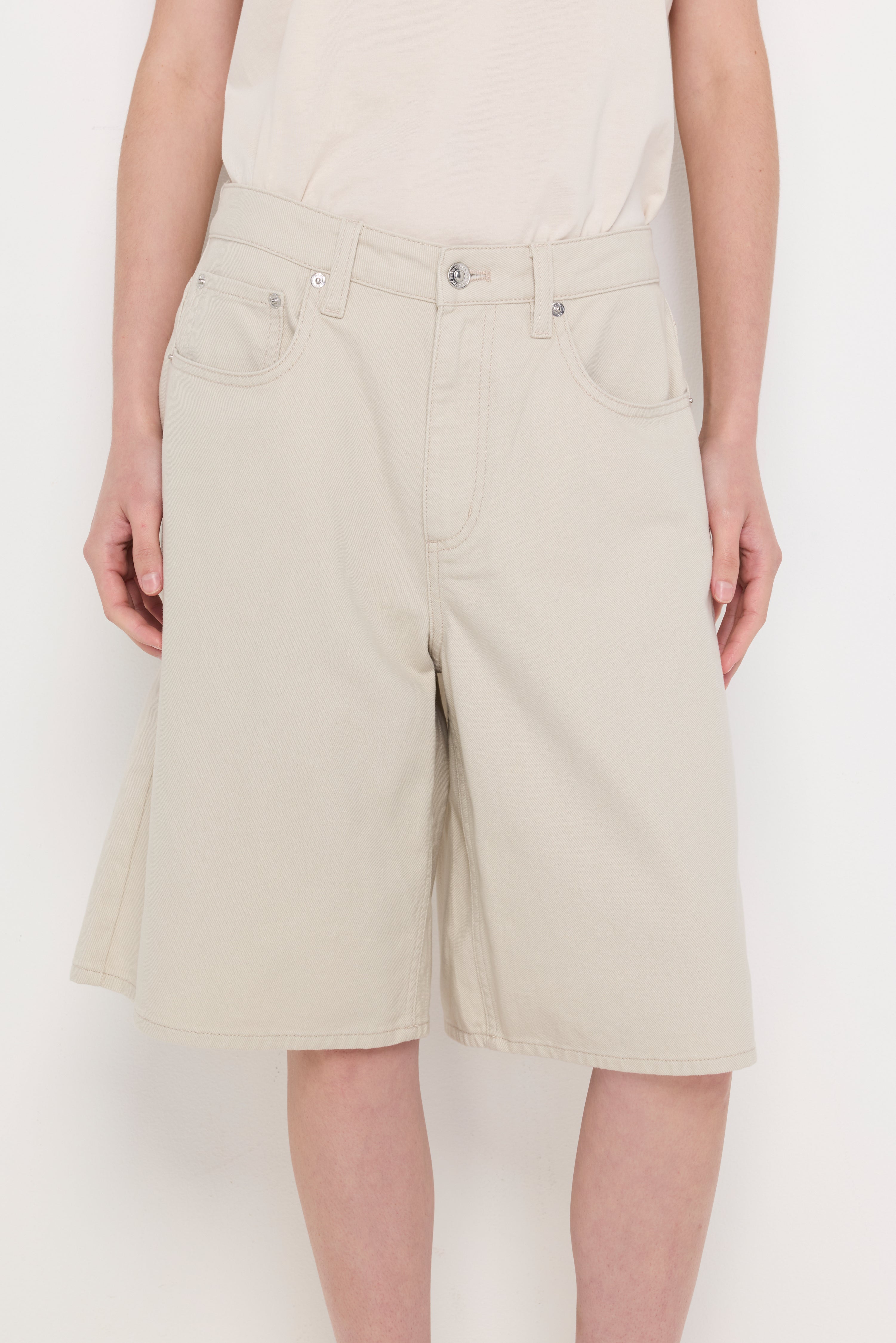 High-Rise Denim Bermuda Shorts Beige