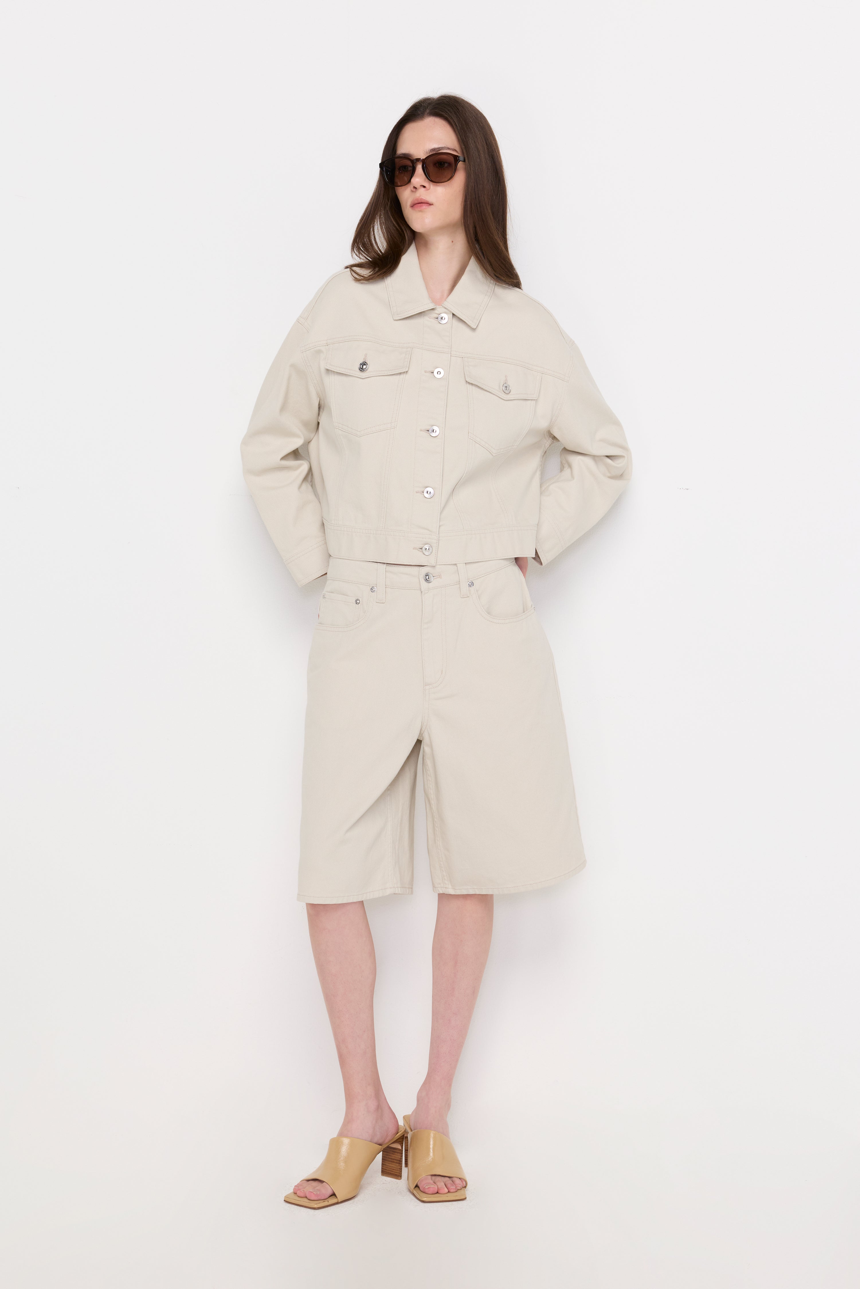 High-Rise Denim Bermuda Shorts Beige