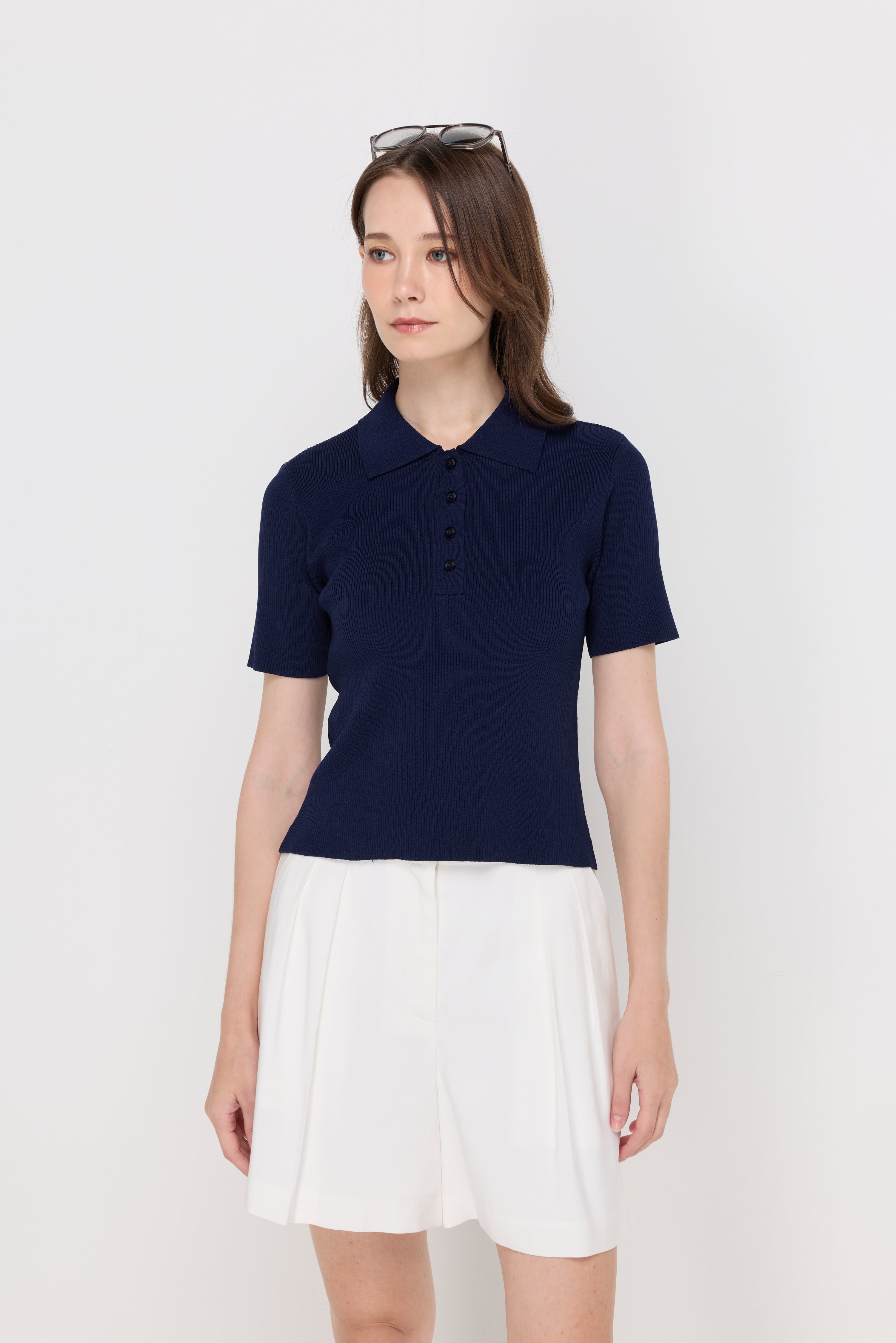 Ribbed Knit Polo Top Navy