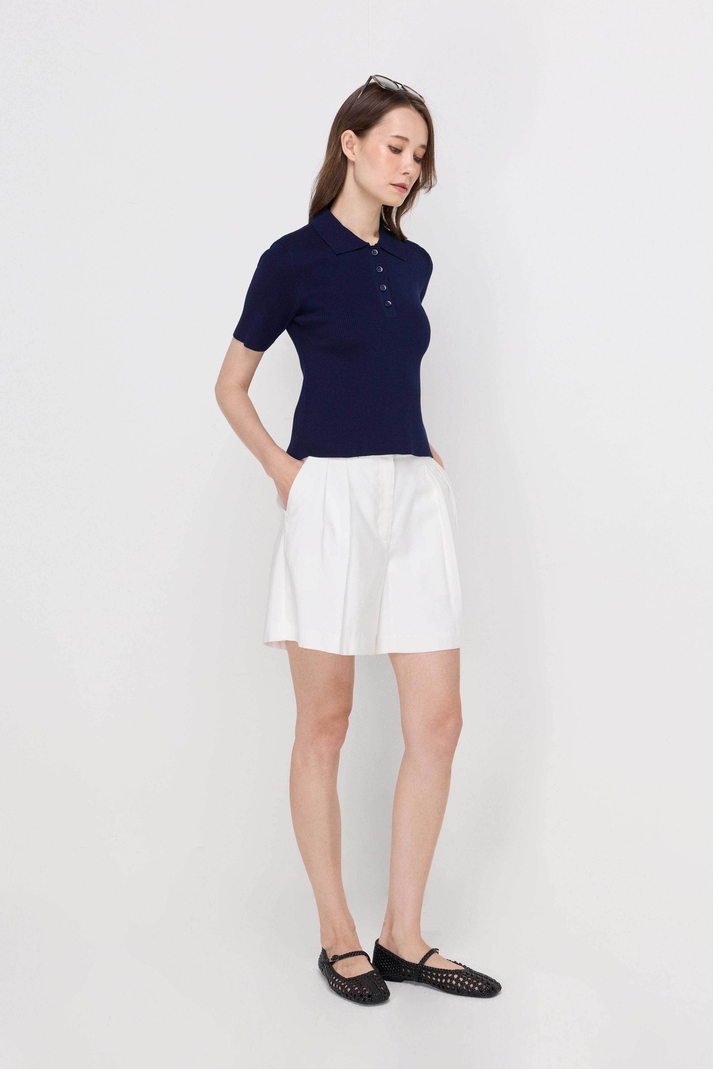 Ribbed Knit Polo Top Navy