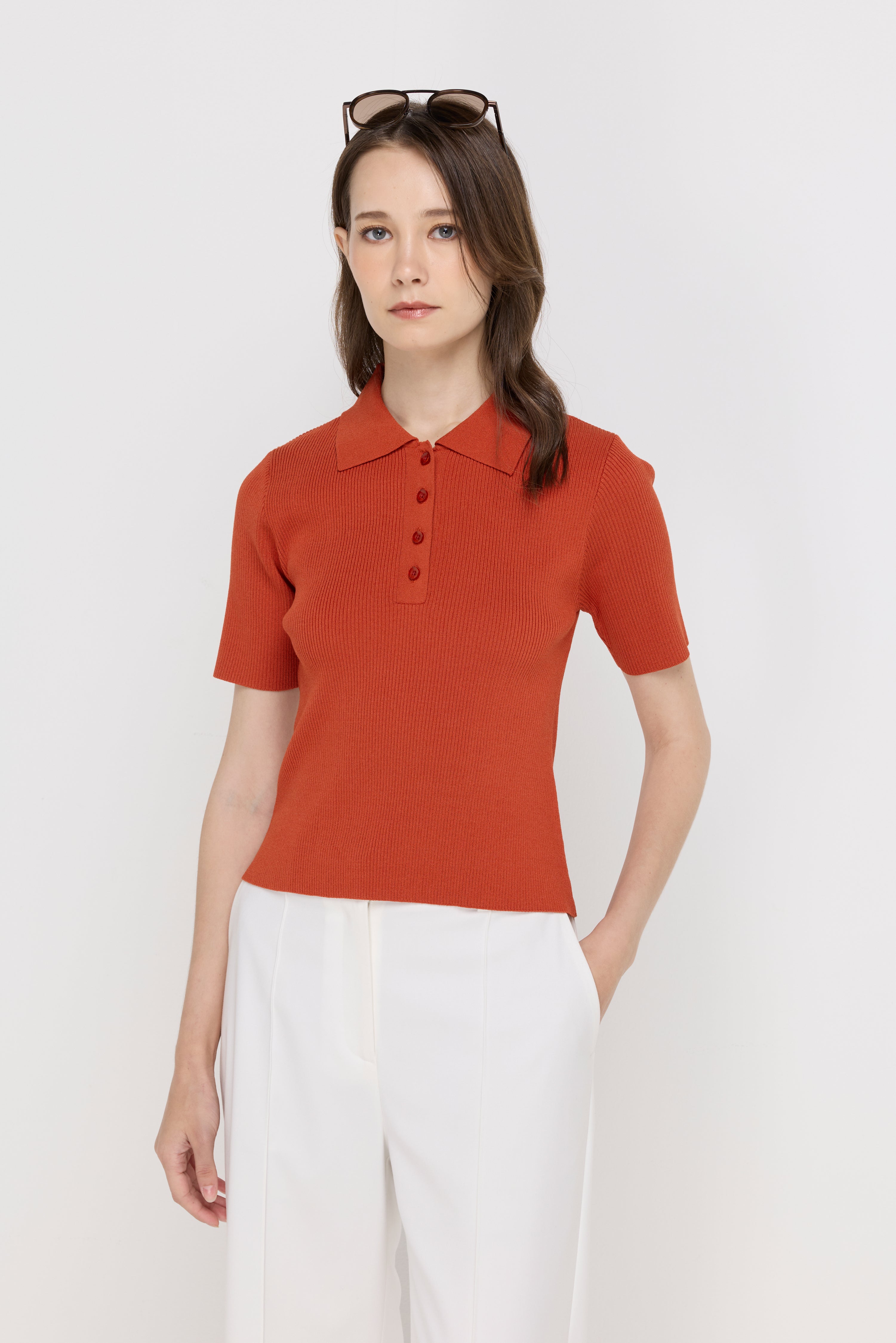 Ribbed Knit Polo Top Orange