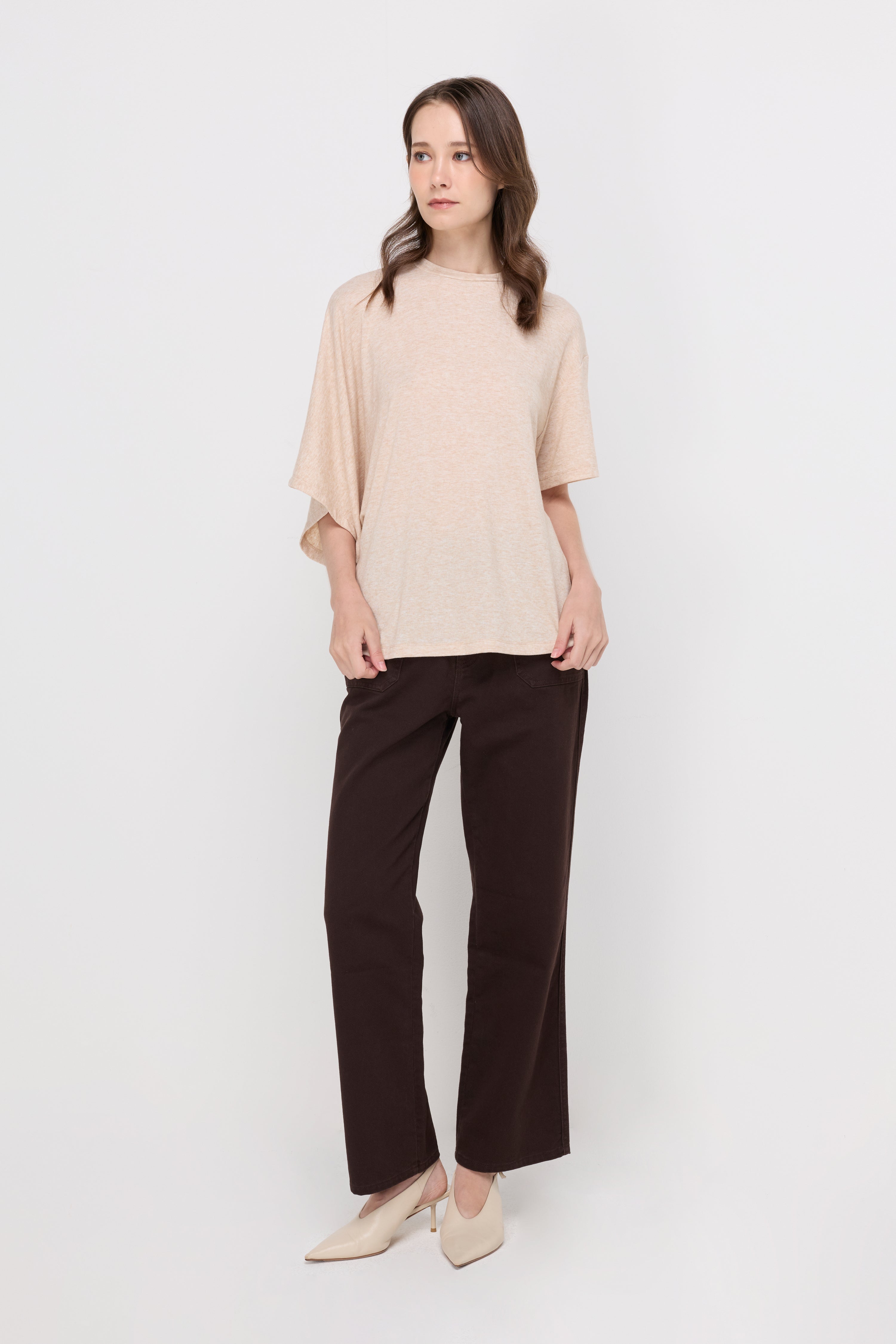 High-Rise Wide-Leg Denim Trousers Dark Brown