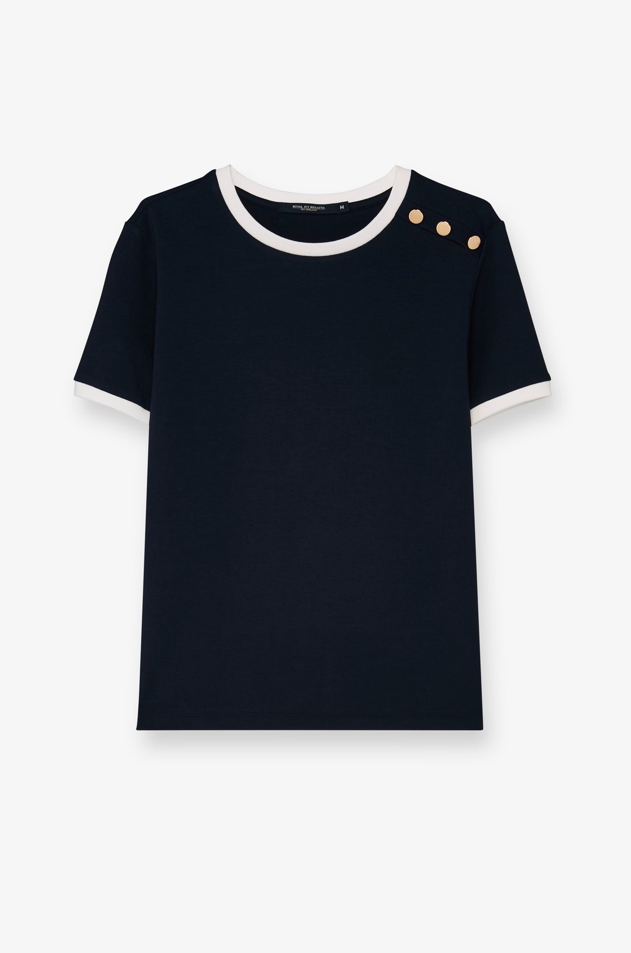 Contrast Trim Button-Shoulder T-Shirt Navy
