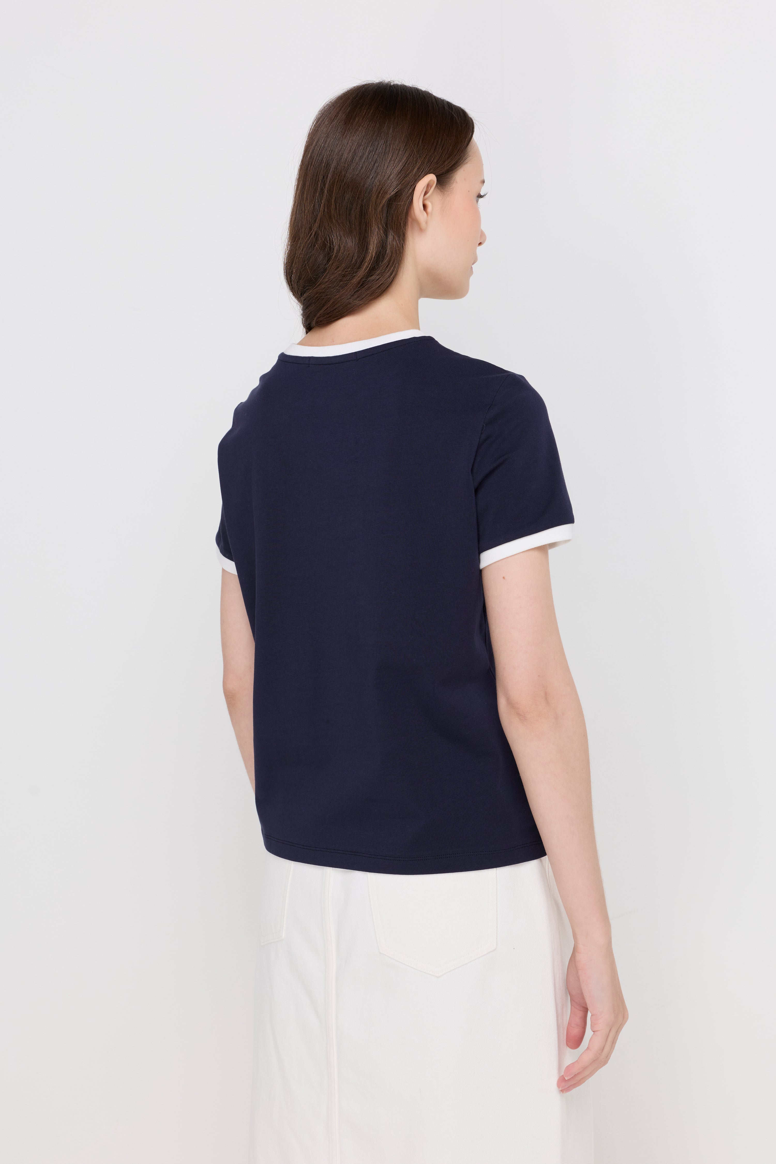 Contrast Trim Button-Shoulder T-Shirt Navy