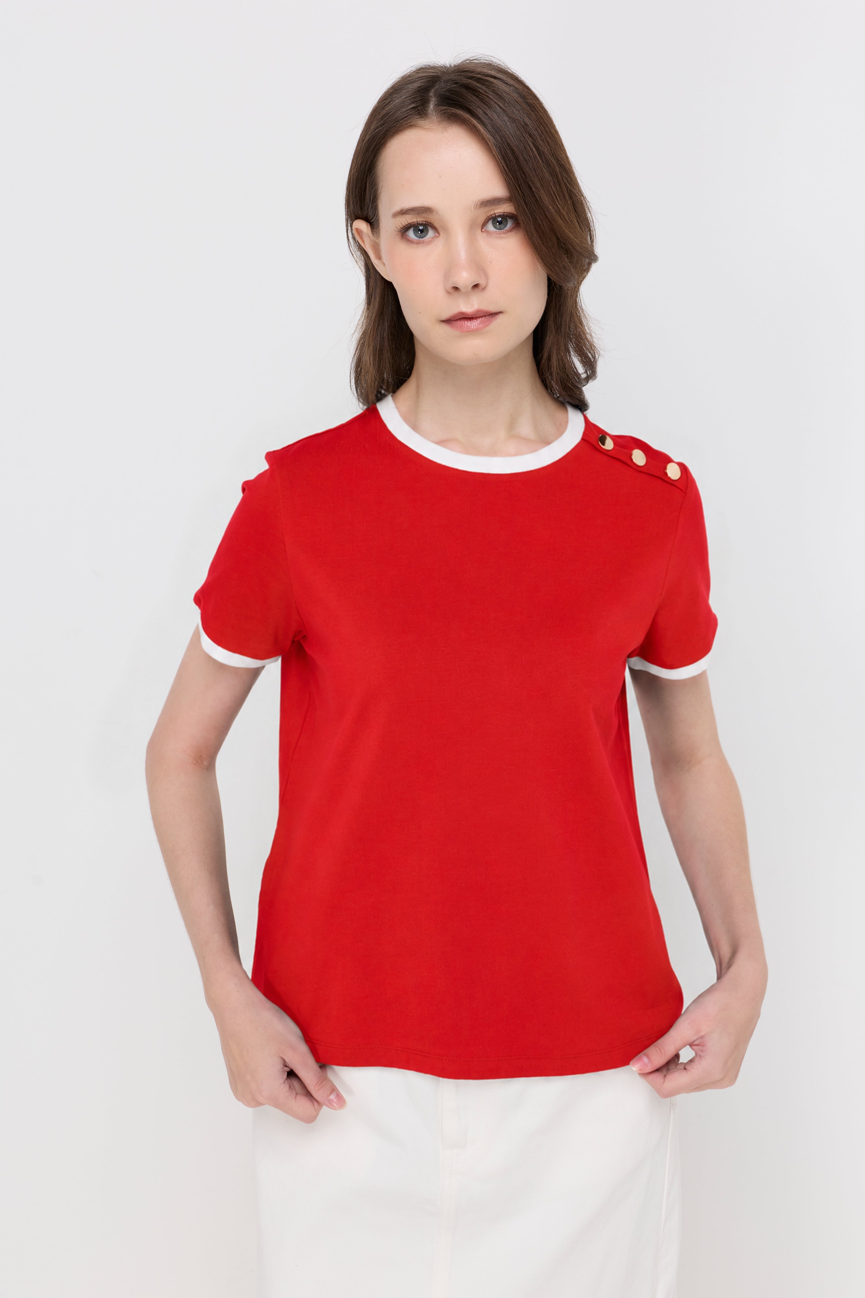 Contrast Trim Button-Shoulder T-Shirt Red