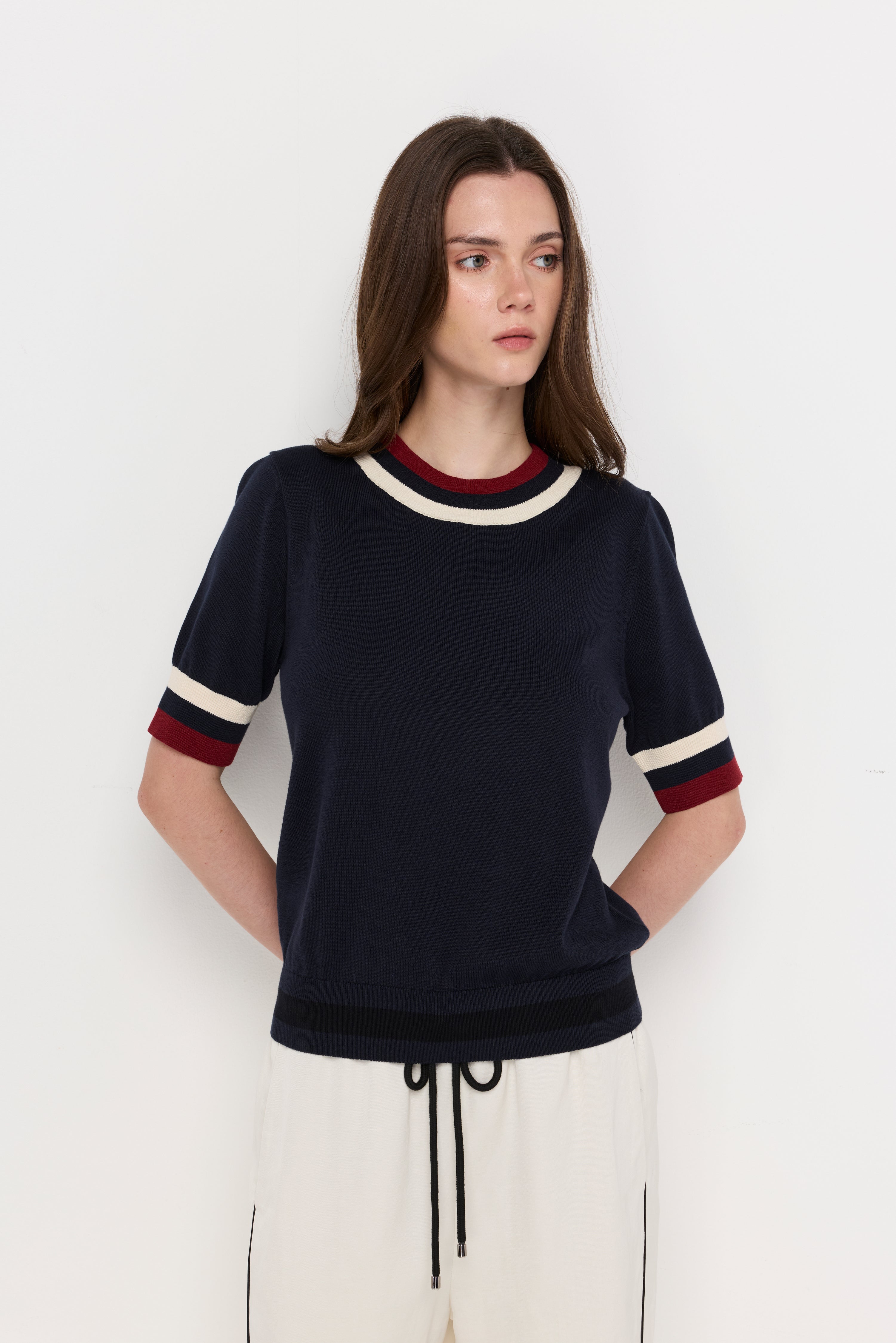 Contrast Trim Knit Top Navy