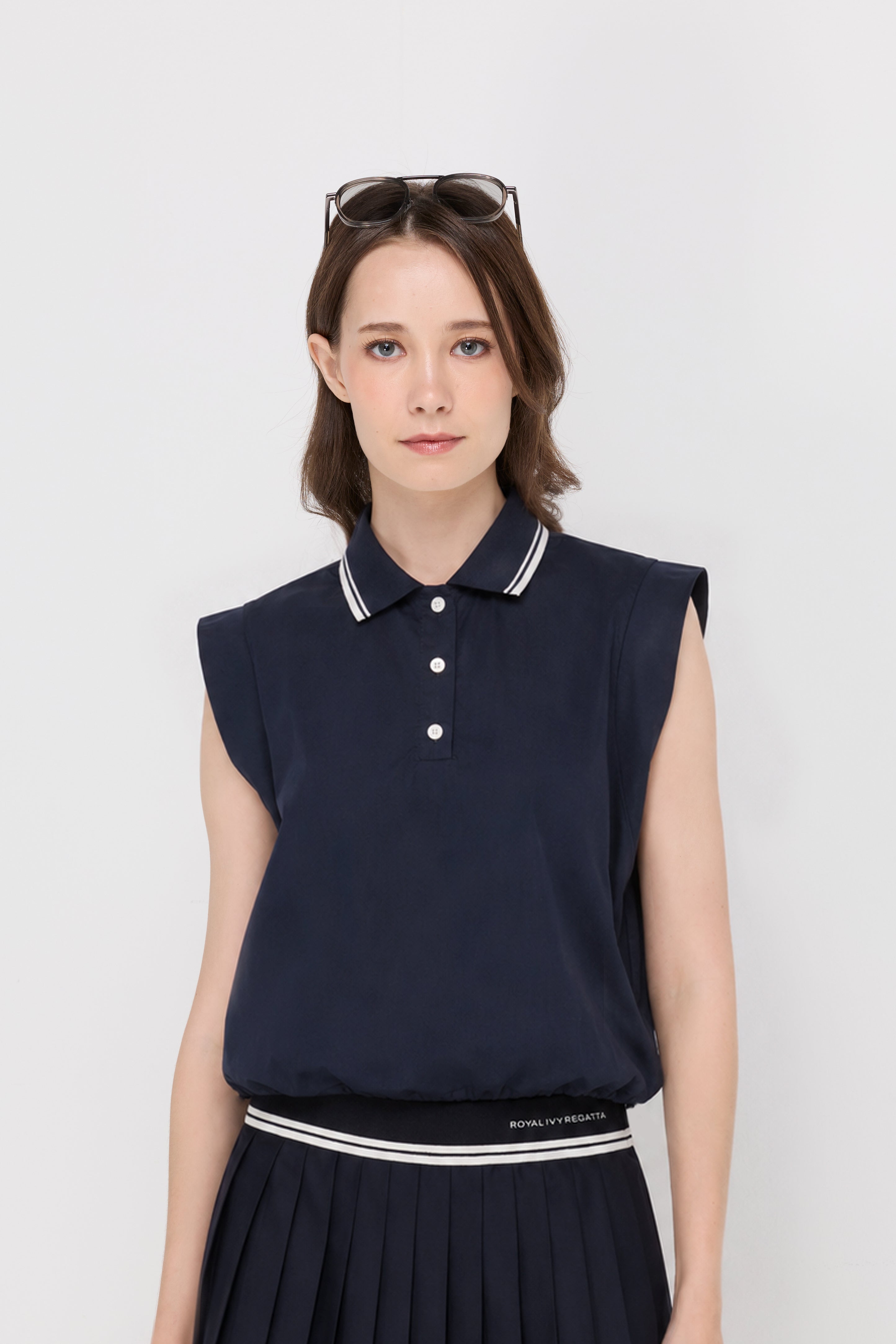 Contrast Trim Sleeveless Polo Blouse Navy
