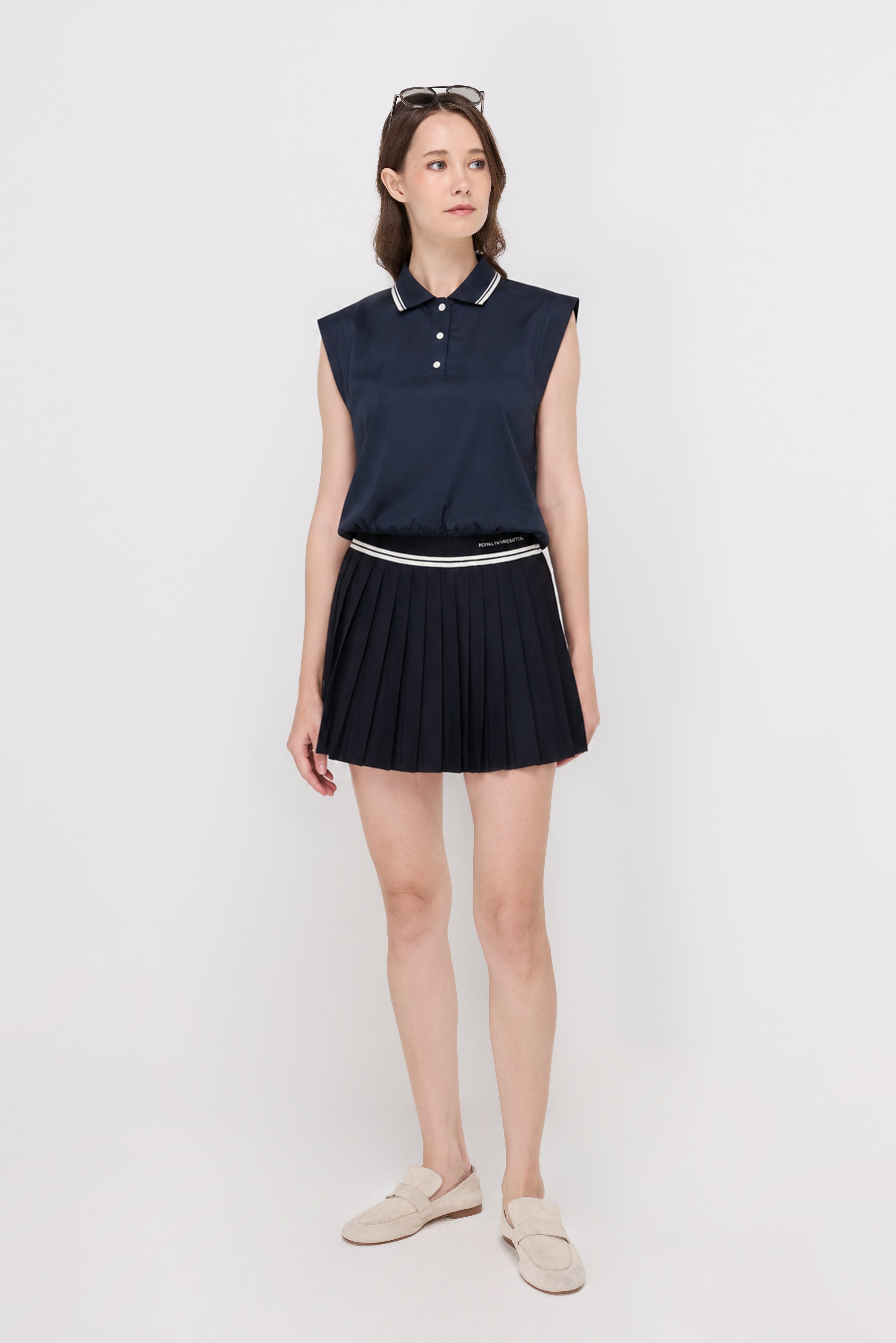 Contrast Trim Sleeveless Polo Blouse Navy